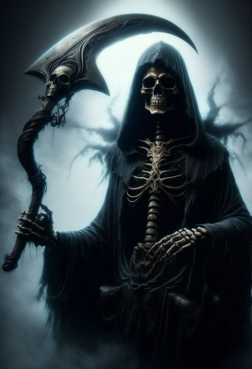 (best quality,4k,8k,highres,masterpiece:1.2),ultra-detailed,(realistic,photorealistic,photo-realistic:1.37),Black Grim Reaper,dark silhouette,cloaked figure,rustling black robes,long scythe,glowing red eyes,ominous presence,hovering darkness,dark ethereal figure,nightmarish specter,sinister aura,harbinger of death,eerie atmosphere,mysterious entity,shadows enveloping,haunting visage,menacing expression,skull-like face,otherworldly being,terrifying figure,reaping souls,glimpse of the afterlife,dreadful embodiment,ominous rituals,desolate cemetery,grim and somber,ominous moonlit night,darkened sky,thick fog,ominous whispers,lurking in shadows,eternal darkness,bone-chilling encounter,death's cold grip,intense and brooding,ominous catalyst,ominous cloak of despair,evil personified,intertwined with shadows,impending doom,abyssal realm,shivering in fear,eternal slumber. DonM5cy7h3XL, scythe