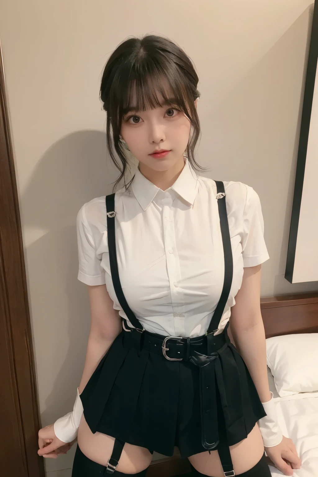 suspenders　　　Large swollen breasts　　 　 　　　　Black mini skirt　garter belt　Knee-high socks　　　　　　　bangs 　　　　　Beauty　　Hands up　　 　　Black boots 　　　　one person 　　　Dress shirt　　　Hands Behind Back　put your hands behind your back　　With your hands behind your back　Armament　holster　　A room at the Belt Hotel　Bed　Wall side 　Armpit sweat　Panty shot