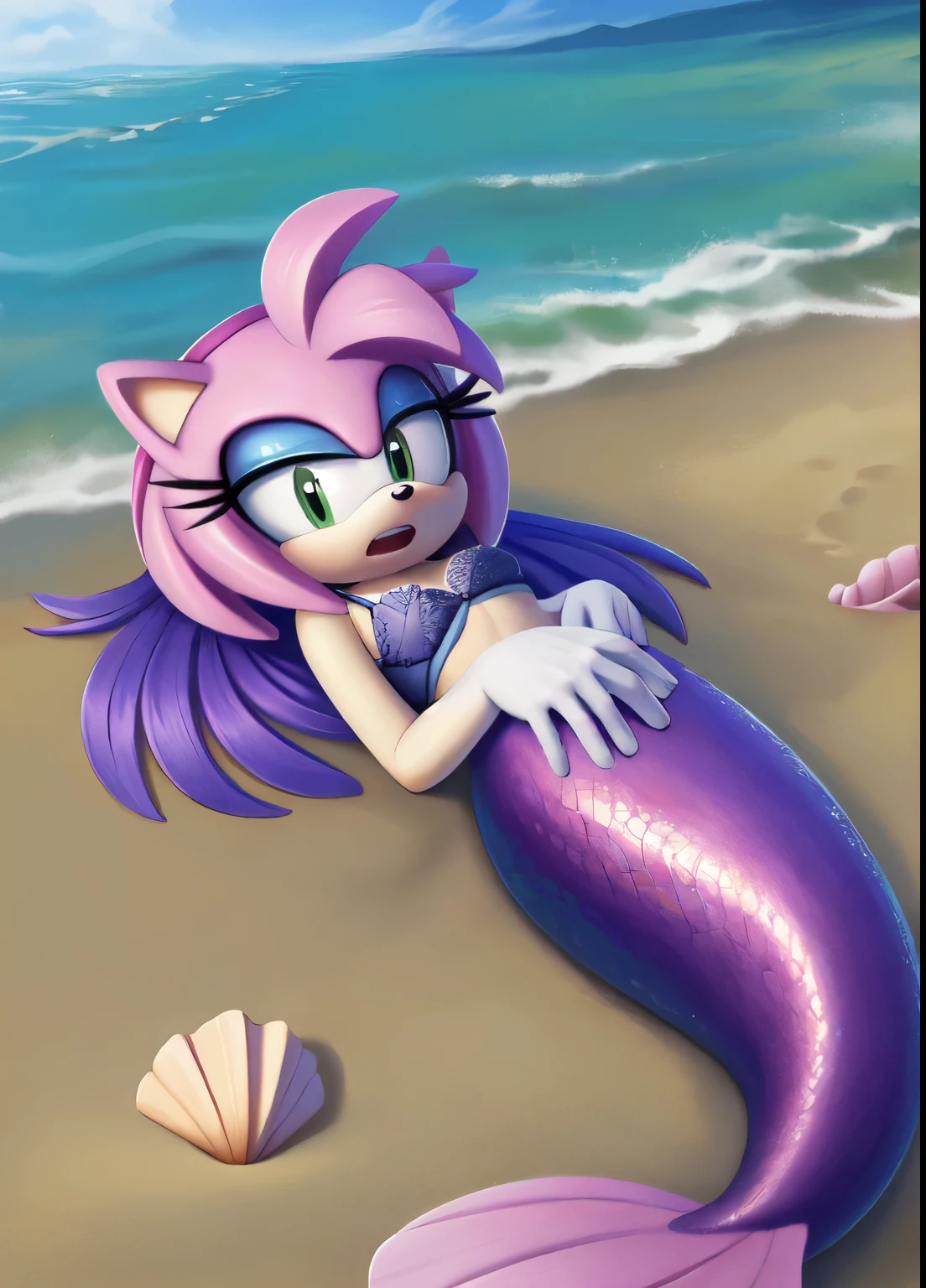 score_9, score_8_up, 2D, Beach background, looking down at herself, 1girl, very detailed, extremely detailed, ((best quality)), ((highly detailed)), masterpiece, (1girl), full body, (mermaid), fins, shiny mermaid tail, shiny scales, mermaid tail having a blend of pastel pink and purple, seashell bra, outside, Amy Rose from the sonic the hedgehog series, portrait, above shoulder, puzzled expression, confused, sound lines, open mouth, (makeup), long hair, medium breasts, (lying down on her chest or stomach)