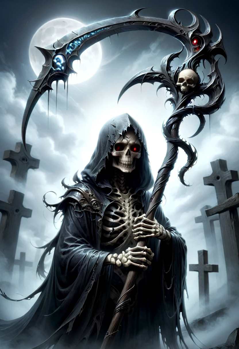 (best quality,4k,8k,highres,masterpiece:1.2),ultra-detailed,(realistic,photorealistic,photo-realistic:1.37),Black Grim Reaper,dark silhouette,cloaked figure,rustling black robes,long scythe,glowing red eyes,ominous presence,hovering darkness,dark ethereal figure,nightmarish specter,sinister aura,harbinger of death,eerie atmosphere,mysterious entity,shadows enveloping,haunting visage,menacing expression,skull-like face,otherworldly being,terrifying figure,reaping souls,glimpse of the afterlife,dreadful embodiment,ominous rituals,desolate cemetery,grim and somber,ominous moonlit night,darkened sky,thick fog,ominous whispers,lurking in shadows,eternal darkness,bone-chilling encounter,death's cold grip,intense and brooding,ominous catalyst,ominous cloak of despair,evil personified,intertwined with shadows,impending doom,abyssal realm,shivering in fear,eternal slumber. DonM5cy7h3XL, scythe