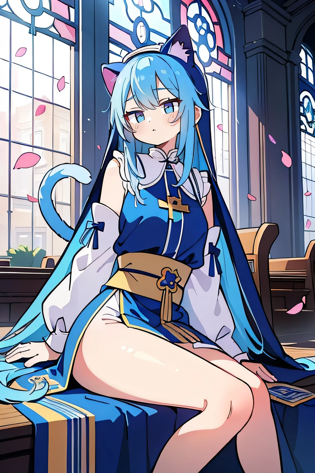 (masterpiece:1.2),Extremely detailed,Practical,expressive eyes,Fair skin,Perfect face shaping,1 Girl,
Japanese cartoons,Gorgeous blue hair, the long flowing blue hair,Floating clothes,Cat ears,Petals fall,beautiful lola,Young Angel,
Place your hands on your waist,sit elegantly on the ground,Cross your legs,Gentle and peaceful background,church,Nun's Clothes.