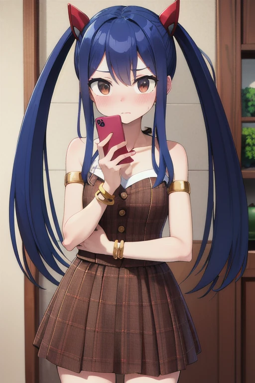 masterpiece, highest quality, High resolution, Arwendy, Long Hair, Twin tails, hair ornaments, Exposing shoulders, suit,Bracelet, bracelet, at home,holding a phone, Cowboy Shot, Embarrassed,