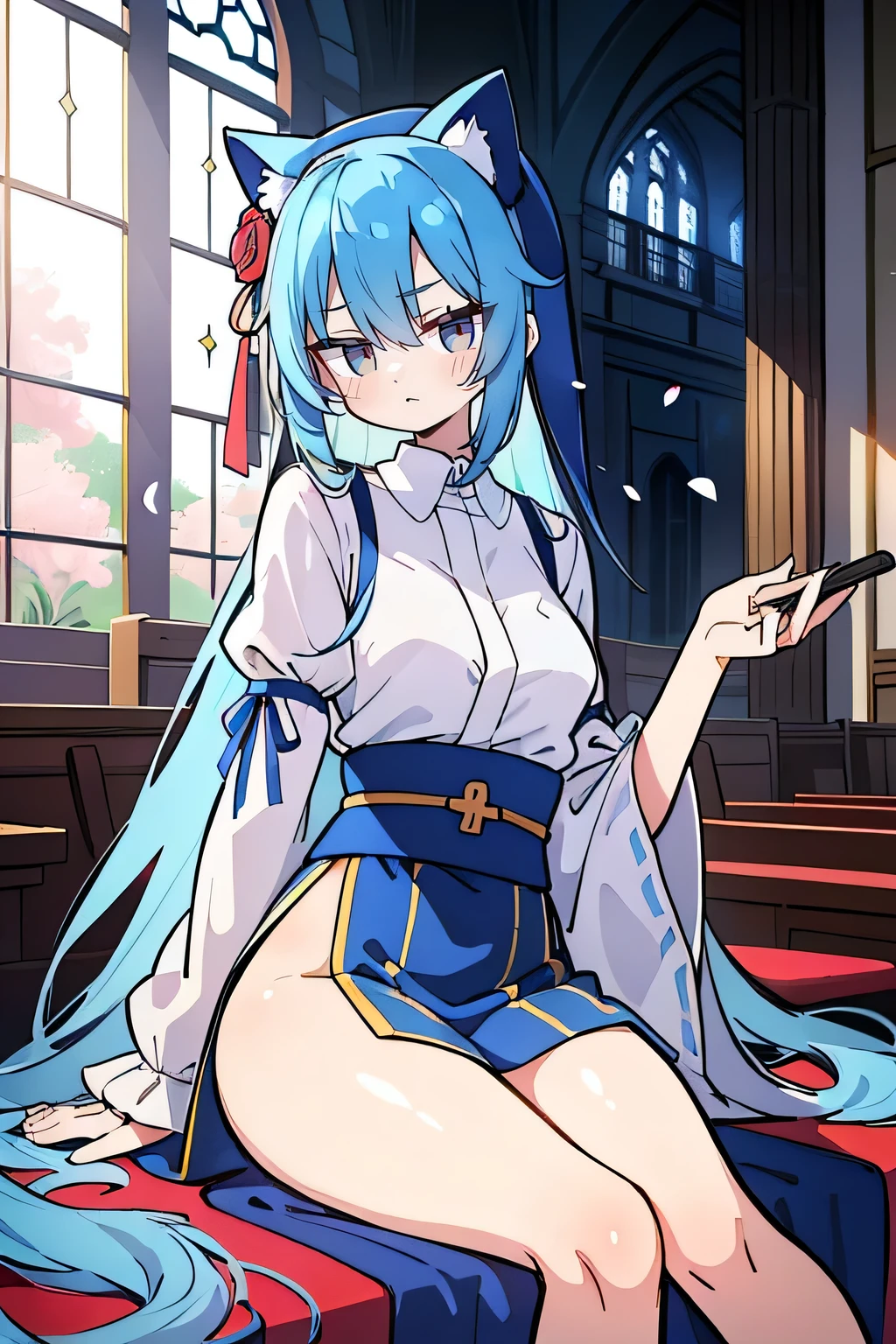 (masterpiece:1.2),Extremely detailed,Practical,expressive eyes,Fair skin,Perfect face shaping,1 Girl,
Japanese cartoons,Gorgeous blue hair, the long flowing blue hair,Floating clothes,Cat ears,Petals fall,beautiful lola,Young Angel,
Place your hands on your waist,sit elegantly on the ground,Cross your legs,Gentle and peaceful background,church,Nun's Clothes.