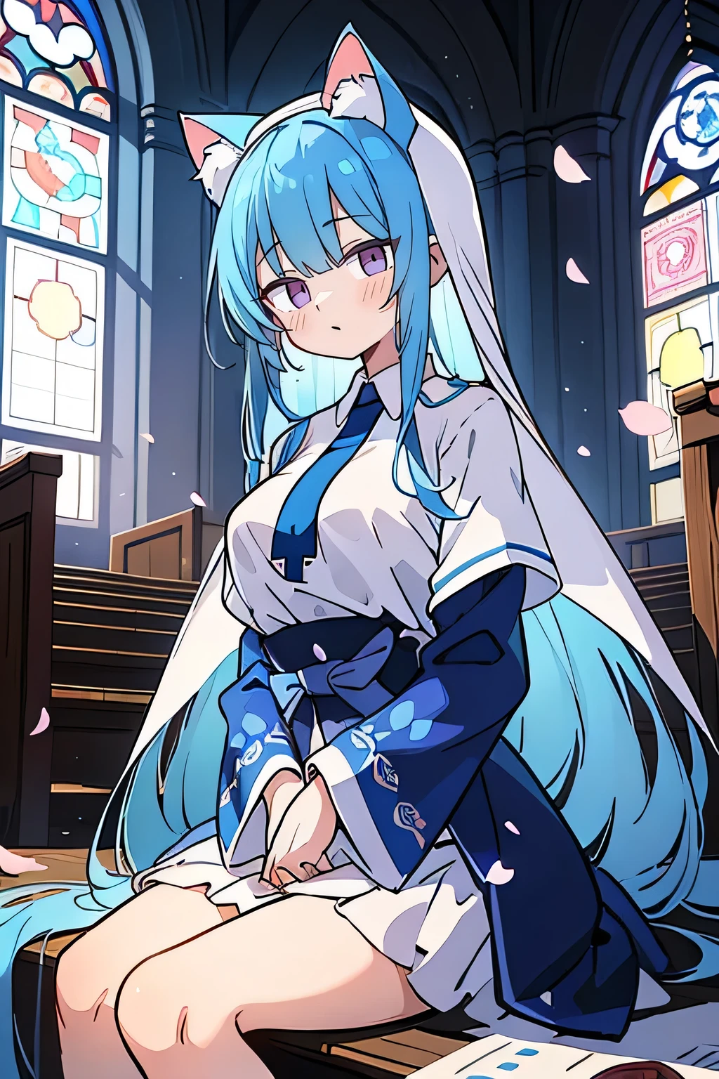 (masterpiece:1.2),Extremely detailed,Practical,expressive eyes,Fair skin,Perfect face shaping,1 Girl,
Japanese cartoons,Gorgeous blue hair, the long flowing blue hair,Floating clothes,Cat ears,Petals fall,beautiful lola,Young Angel,
Place your hands on your waist,sit elegantly on the ground,Cross your legs,Gentle and peaceful background,church,Nun&#39;s Clothes.