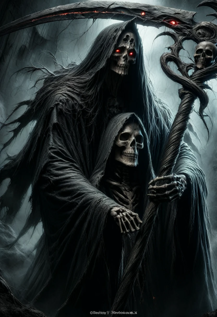 (best quality,4k,8k,highres,masterpiece:1.2),ultra-detailed,(realistic,photorealistic,photo-realistic:1.37),Black Grim Reaper,dark silhouette,cloaked figure,rustling black robes,long scythe,glowing red eyes,ominous presence,hovering darkness,dark ethereal figure,nightmarish specter,sinister aura,harbinger of death,eerie atmosphere,mysterious entity,shadows enveloping,haunting visage,menacing expression,skull-like face,otherworldly being,terrifying figure,reaping souls,glimpse of the afterlife,dreadful embodiment,ominous rituals,desolate cemetery,grim and somber,ominous moonlit night,darkened sky,thick fog,ominous whispers,lurking in shadows,eternal darkness,bone-chilling encounter,death's cold grip,intense and brooding,ominous catalyst,ominous cloak of despair,evil personified,intertwined with shadows,impending doom,abyssal realm,shivering in fear,eternal slumber. DonM5cy7h3XL, scythe