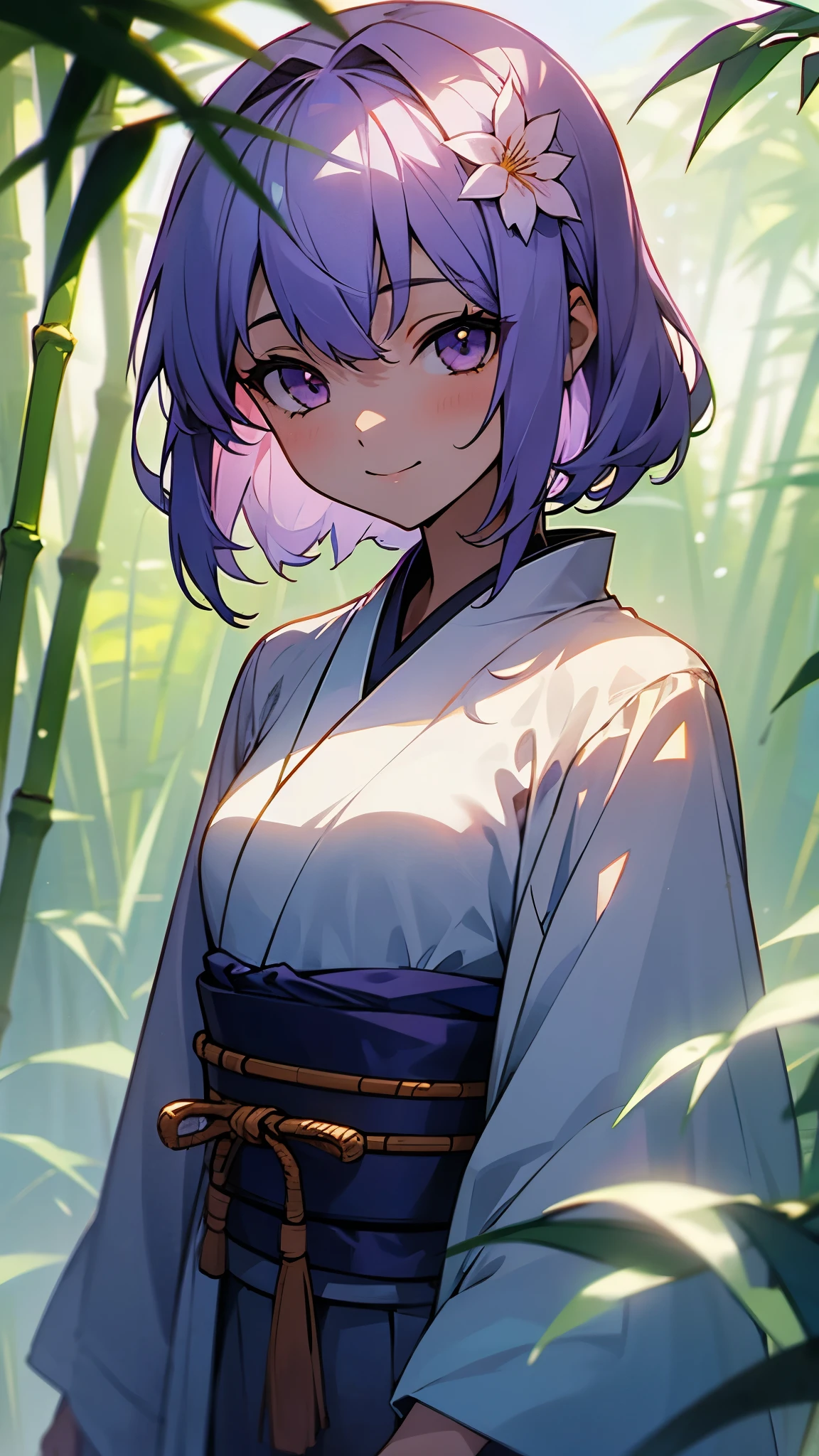 highest quality、One Girl、Yuitsuki Yukari、18-year-old、Light purple hair、short hair、Hair between the eyes、smile、Blurred Background、斑点模様のsunlight、flower、髪のflower、hair ornaments、kimono、Bamboo Leaves、Bamboo Leaves、Outdoor、 alone、sunlight、Upper Body