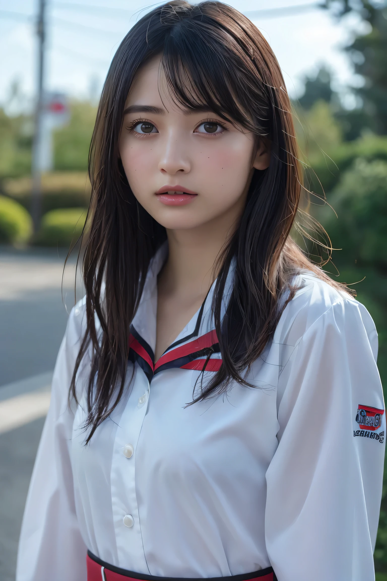 (High school girls walking on Tokyo street:1.2、blue sky)、((school uniform、blazer、Pleated skirt、Navy blue socks、loafers)、the wind is strong、(Realistic、Like a photograph、Live Action、8K, Realistic, RAW Photos, Best image quality: 1.4), Single-lens reflex camera、RAW Photos, Highest quality, Realistic, Highly detailed CG Unity 8K wallpaper, Written boundary depth, Cinematic Light, Lens flare, Ray Tracing, Realistic background、((ultra high density skin))、 Teenage girl on her way to school,Cute Japanese、(ＹThe buttons on her shirt are undone, exposing a small portion of her bra.:1.4、Big Breasts、The top part of the bra is visible.)、(whole body:1.5)、Super detailed face，avert your eyes:1.1、(Silver inner color hair、Straight Long Hair:1.2、My hair flutters in the wind:1.4)、I like that style、stylish、Very detailed、Pay attention to the details、Perfect outfit、(Sunburned skin)、View from above、Accurate hands、Accurate legs、Detailed hands and fingers、Anatomically correct body、Thin legs、Thin thighs、Large Breasts、Detailed bra