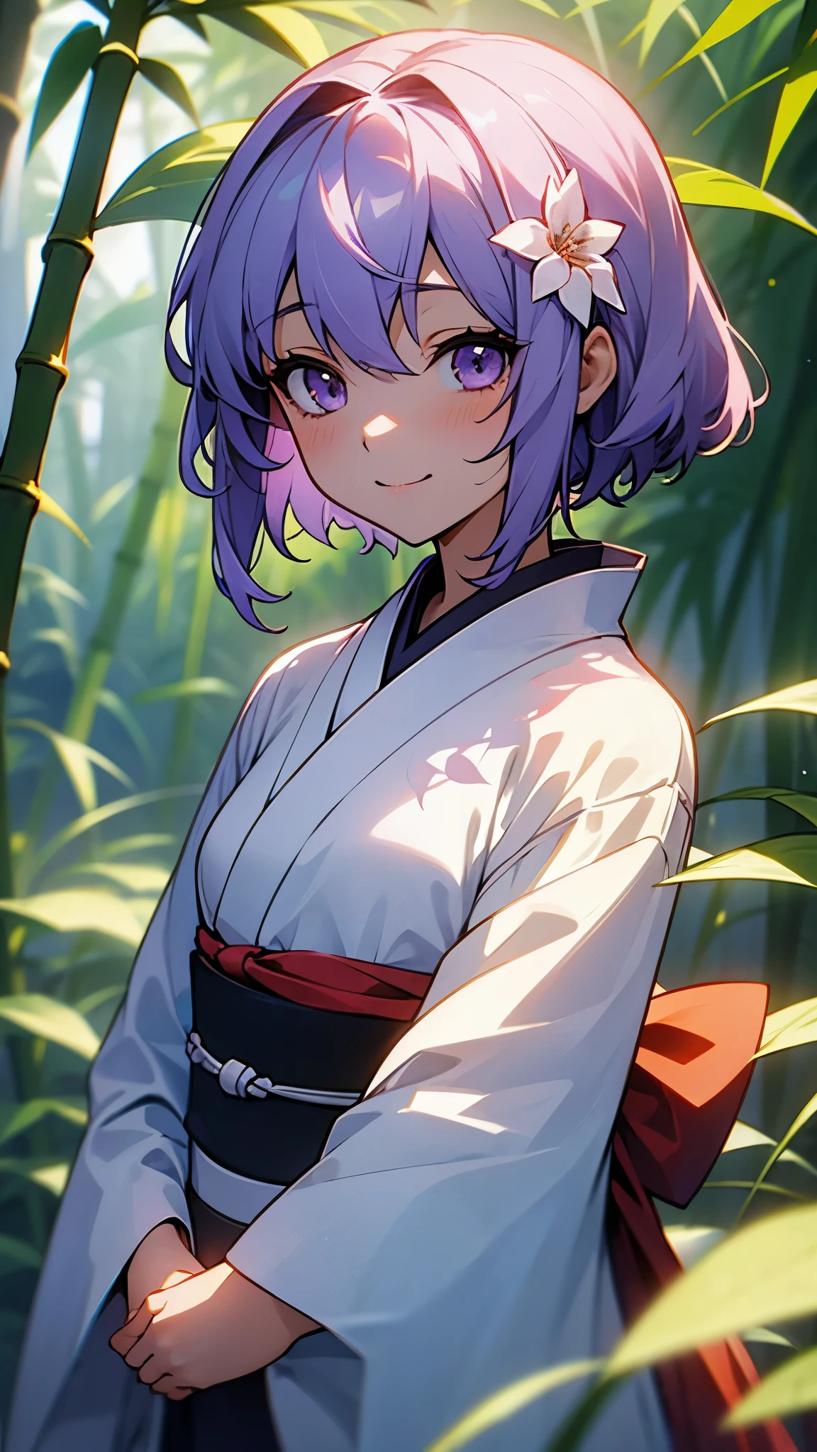 highest quality、One Girl、Yuitsuki Yukari、18-year-old、Light purple hair、short hair、Hair between the eyes、smile、Blurred Background、斑点模様のsunlight、flower、髪のflower、hair ornaments、kimono、Bamboo Leaves、Bamboo Leaves、Outdoor、 alone、sunlight、Upper Body