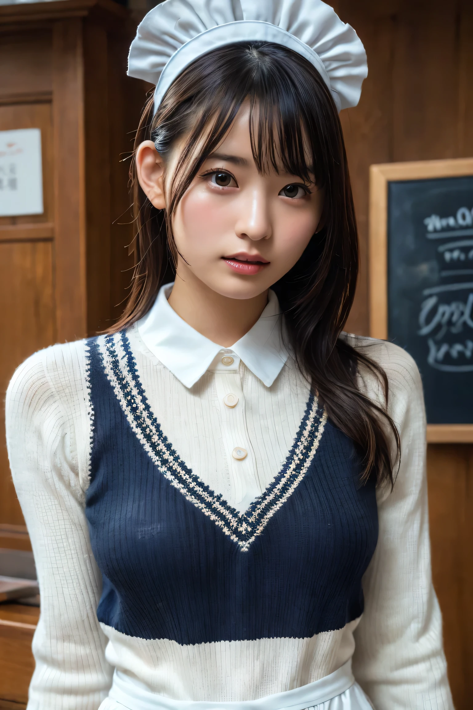 (8k, RAW Photos,highest quality, High resolution:1.1), (Ultra-realistic:1.4),(Realistic, Realistic:1.3),The Beauty of Japan、Rhythmic gymnastics club、Rhythmic Gymnastics Uniform、((Upper Body:1.3)),Maid Cafe、((Maid:1.3)),(Wearing a knitted sweater:1.3)