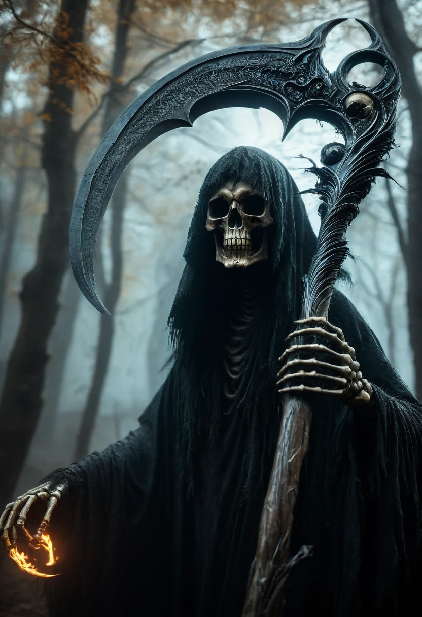 (best quality,4k,8k,highres,masterpiece:1.2),ultra-detailed,(realistic,photorealistic,photo-realistic:1.37),Black Grim Reaper,dark silhouette,cloaked figure,rustling black robes,long scythe,glowing red eyes,ominous presence,hovering darkness,dark ethereal figure,nightmarish specter,sinister aura,harbinger of death,eerie atmosphere,mysterious entity,shadows enveloping,haunting visage,menacing expression,skull-like face,otherworldly being,terrifying figure,reaping souls,glimpse of the afterlife,dreadful embodiment,ominous rituals,desolate cemetery,grim and somber,ominous moonlit night,darkened sky,thick fog,ominous whispers,lurking in shadows,eternal darkness,bone-chilling encounter,death's cold grip,intense and brooding,ominous catalyst,ominous cloak of despair,evil personified,intertwined with shadows,impending doom,abyssal realm,shivering in fear,eternal slumber. DonM5cy7h3XL, scythe