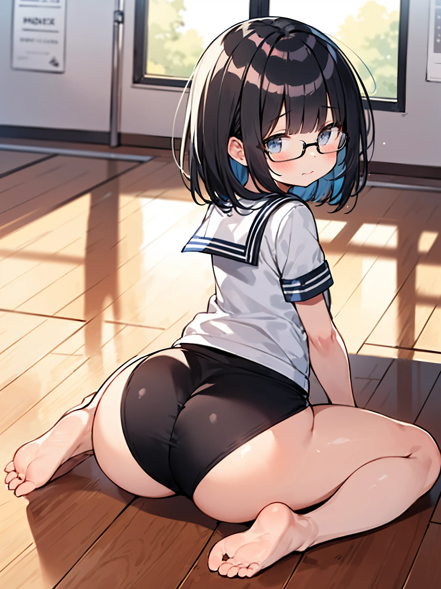 dynamic angle, Full body, solo, alone, a very cute girl,  student, black bob cuts, Glasses, (shy:1.3), (blush stickers), (flat chest), (closed mouth), (athletic bloomers, school,in wooden floor gym room, looking back, huge butt), (thick thighs:1.3), (barefoot, bare leg, bare thighs), View from back, Sitting, wariza, Sunset, parfect lighting, (masterpiece), (Best Quality), (ultra-detailliert)