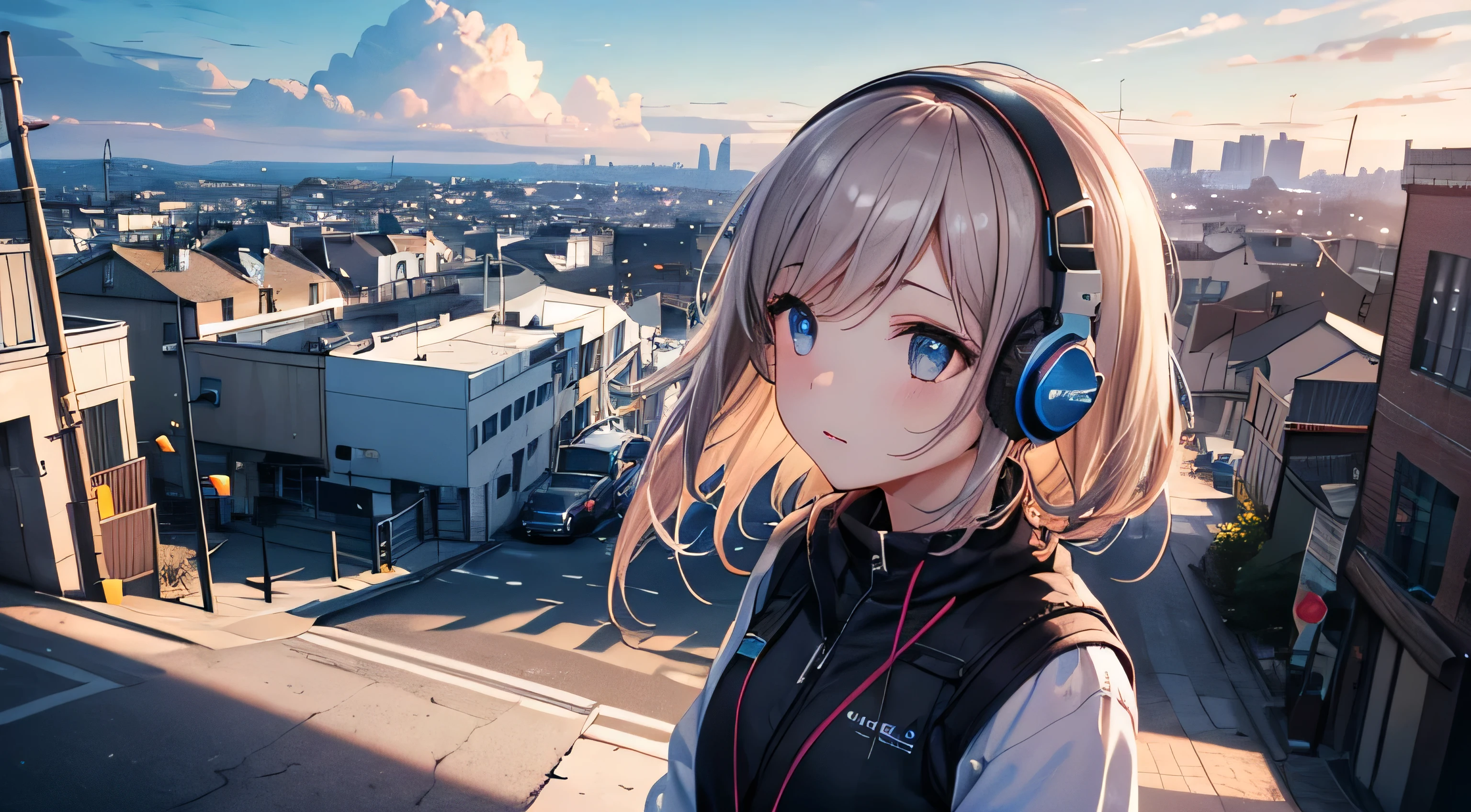 Absurd, High resolution, (Official Art, beautifully、aesthetic:1.2), Close-up, Bright Sky, A vast world, girl, Wear headphones, stare, Awe-inspiring expressions, Distant Horizon, cloud, High Hill, Natural Beauty, Inspiration, Light effects,Looking down from above、Streetscape