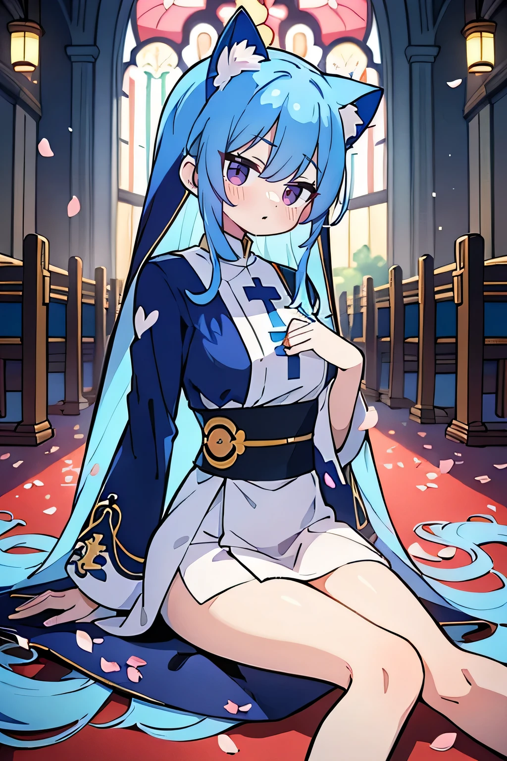 (masterpiece:1.2),Extremely detailed,Practical,expressive eyes,Fair skin,Perfect face shaping,1 Girl,
Japanese cartoons,Gorgeous blue hair, the long flowing blue hair,Floating clothes,Cat ears,Petals fall,beautiful lola,Young Angel,
Place your hands on your waist,sit elegantly on the ground,Cross your legs,Gentle and peaceful background,church,Nun's Clothes.