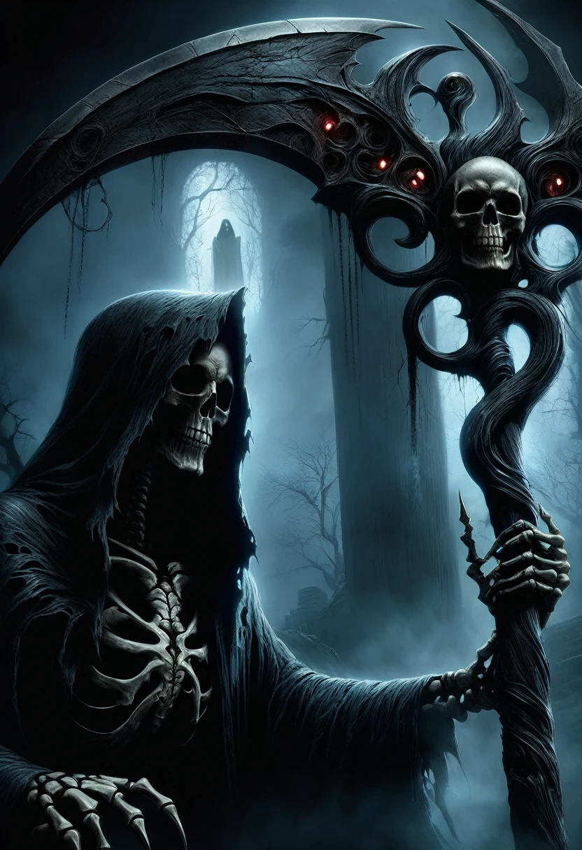(best quality,4k,8k,highres,masterpiece:1.2),ultra-detailed,(realistic,photorealistic,photo-realistic:1.37),Black Grim Reaper,dark silhouette,cloaked figure,rustling black ,long scythe,glowing red eyes,ominous presence,hovering darkness,dark ethereal figure,nightmarish specter,sinister aura,harbinger of death,eerie atmosphere,mysterious entity,shadows enveloping,haunting visage,menacing expression,skull-like face,otherworldly being,terrifying figure,reaping souls,glimpse of the afterlife,dreadful embodiment,ominous rituals,desolate cemetery,grim and somber,ominous moonlit night,darkened sky,thick fog,ominous whispers,lurking in shadows,eternal darkness,bone-chilling encounter,death's cold grip,intense and brooding,ominous catalyst,ominous cloak of despair,evil personified,intertwined with shadows,impending doom,abyssal realm,shivering in fear,eternal slumber. DonM5cy7h3XL, scythe
