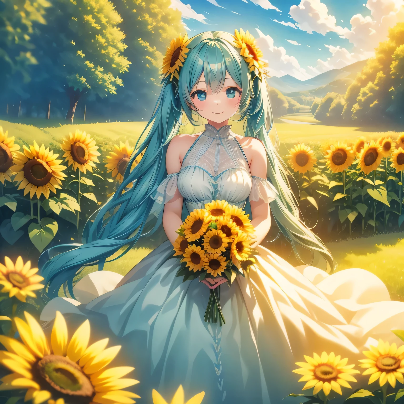 Hatsune Miku、Wearing a sheer dress、Covered with a transparent white cloth、Have a bouquet of sunflowers、Laughing happily、Surrounded by flowers