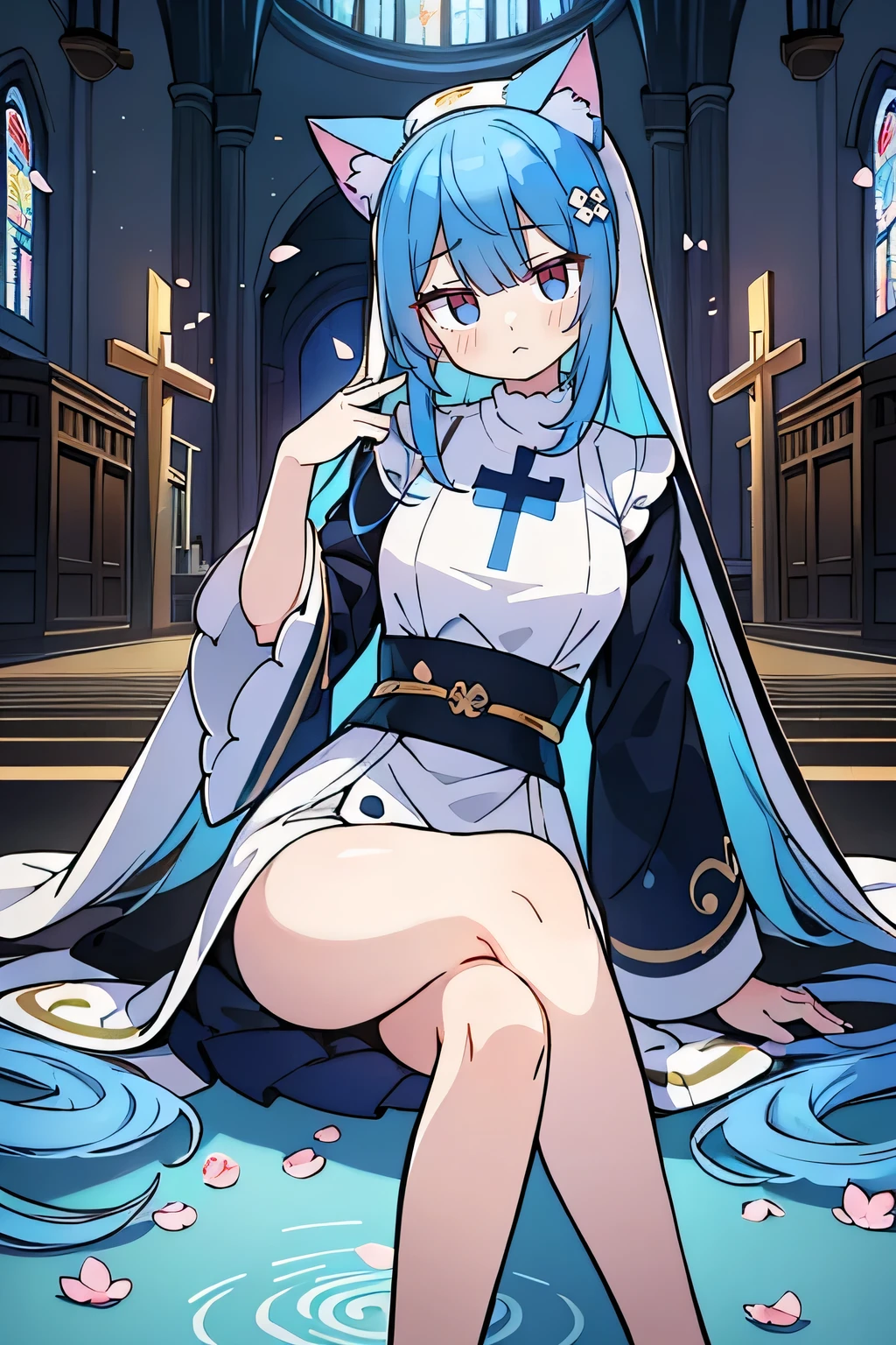 (masterpiece:1.2),Extremely detailed,Practical,expressive eyes,Fair skin,Perfect face shaping,1 Girl,
Japanese cartoons,Gorgeous blue hair, the long flowing blue hair,Floating clothes,Cat ears,Petals fall,beautiful lola,Young Angel,
Place your hands on your waist,sit elegantly on the ground,Cross your legs,Gentle and peaceful background,church,Nun's Clothes.