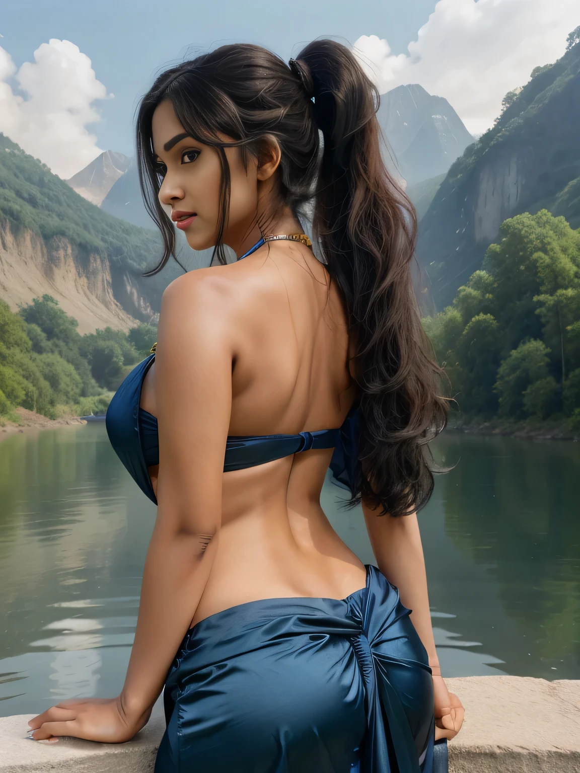 Beautiful young indian woman, wearing dark blue satin saree, no bra, river and mountain landsape, detailed face, detailed body, symmetric face, cute, iconic, photorealistic, big breasts, big belly , hair ponytail, masterpiece, 8k, ultra realistic, detailed background, palace, god rays, ambient occlusion, hands on ponytail, hands on back to head, nude, naked, brests