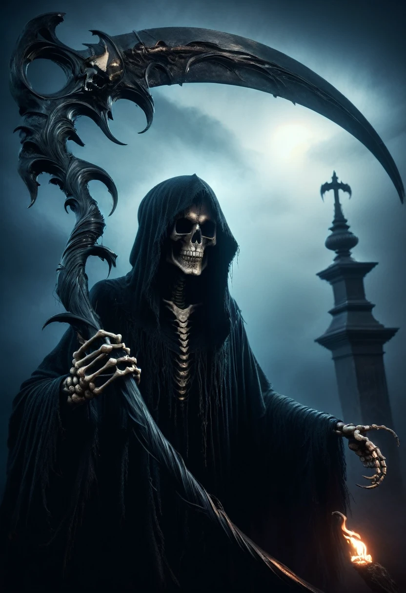 (best quality,4k,8k,highres,masterpiece:1.2),ultra-detailed,(realistic,photorealistic,photo-realistic:1.37),Black Grim Reaper,dark silhouette,cloaked figure,rustling black robes,long scythe,glowing red eyes,ominous presence,hovering darkness,dark ethereal figure,nightmarish specter,sinister aura,harbinger of death,eerie atmosphere,mysterious entity,shadows enveloping,haunting visage,menacing expression,skull-like face,otherworldly being,terrifying figure,reaping souls,glimpse of the afterlife,dreadful embodiment,ominous rituals,desolate cemetery,grim and somber,ominous moonlit night,darkened sky,thick fog,ominous whispers,lurking in shadows,eternal darkness,bone-chilling encounter,death's cold grip,intense and brooding,ominous catalyst,ominous cloak of despair,evil personified,intertwined with shadows,impending doom,abyssal realm,shivering in fear,eternal slumber. DonM5cy7h3XL, scythe