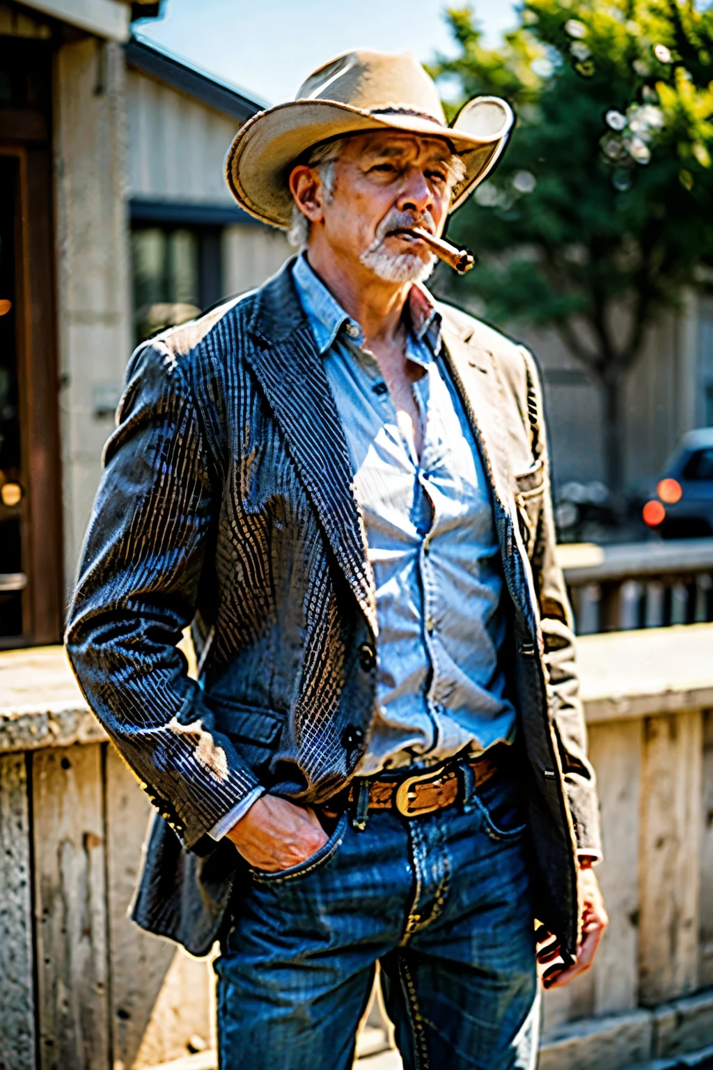 Old man, Cowboy, jeans and brown striped shirt and grey blazer, cross chain, smoking a cigar