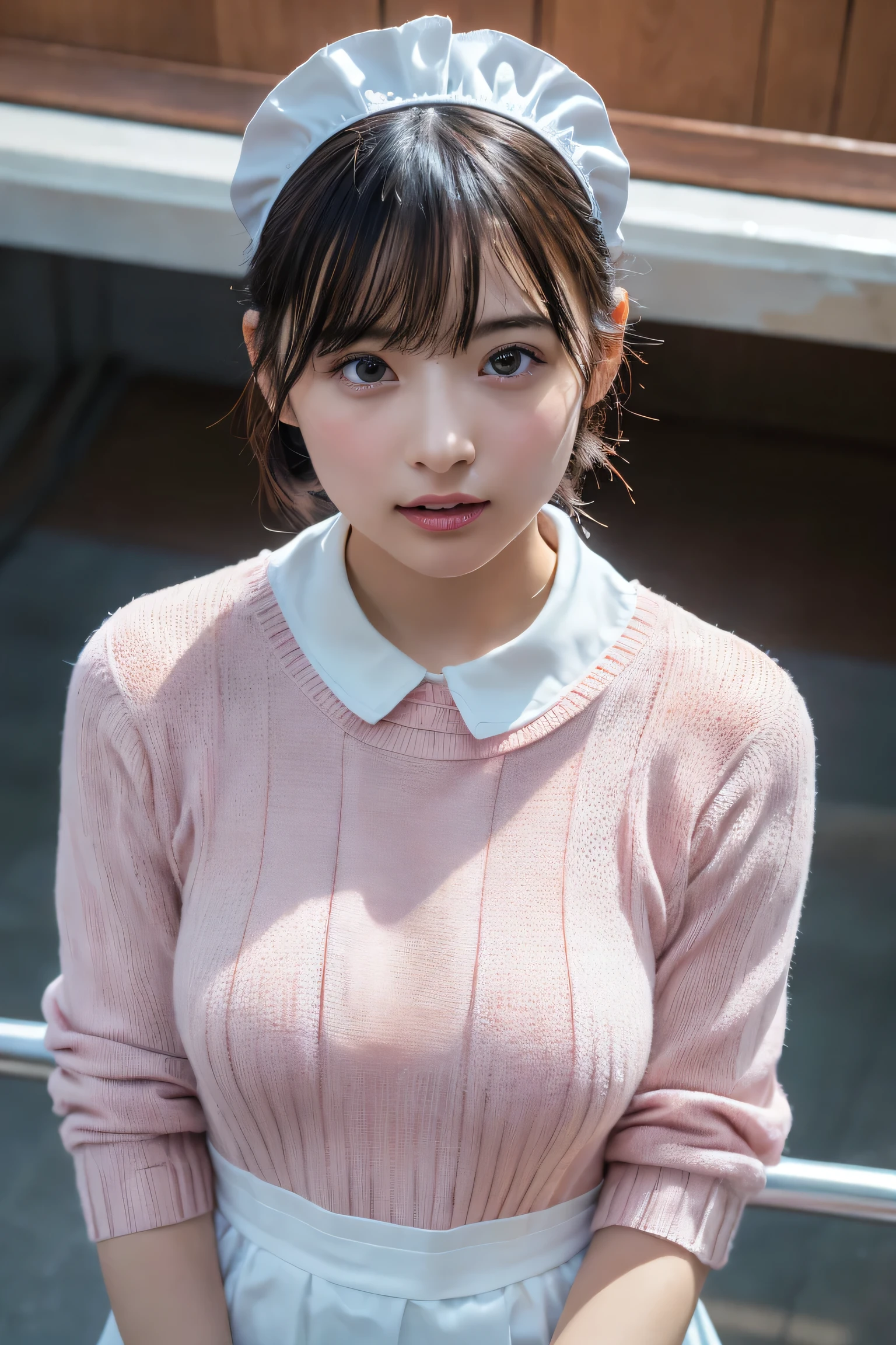 (8k, RAW Photos,highest quality, High resolution:1.1), (Ultra-realistic:1.4),(Realistic, Realistic:1.3),The Beauty of Japan、Rhythmic gymnastics club、Rhythmic Gymnastics Uniform、((Upper Body:1.3)),Maid Cafe、((Maid:1.3)),(Pink knitted sweater:1.3),look up、Shooting from above、