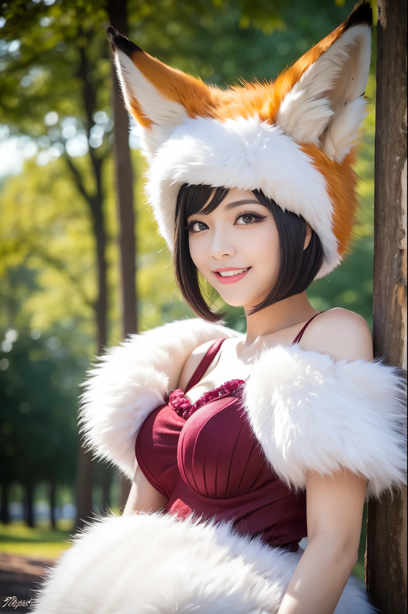 ultra sexy female, only 1 female, very short hair, beautiful smile, lipgloss, long lashes, defined eyebrows, detailed fox cosplay, furry fox outfit, fox accessoires, headpiece, look at the camera, cinematic light, large park background with trees, sweet and sexy pose