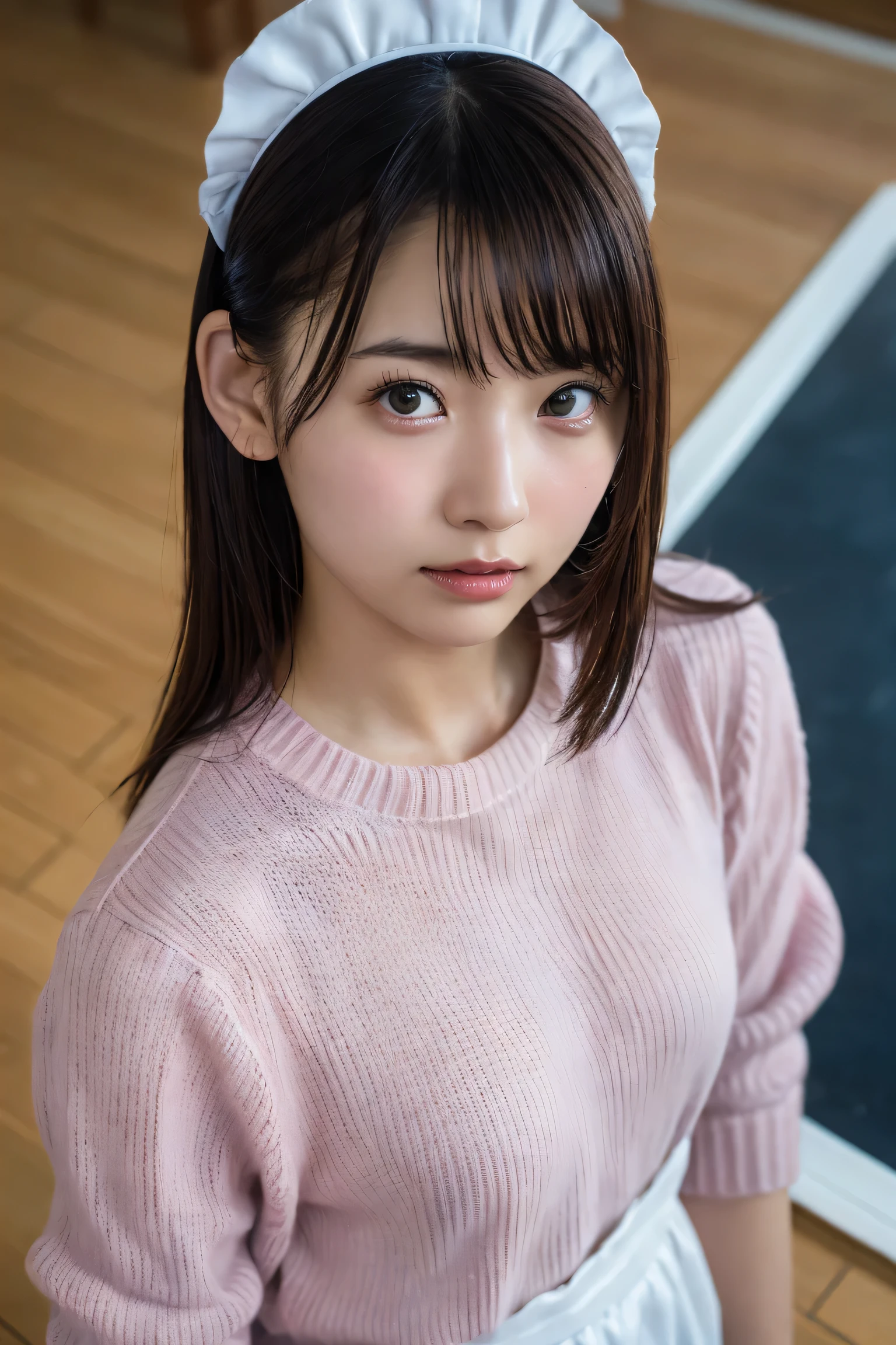 (8k, RAW Photos,highest quality, High resolution:1.1), (Ultra-realistic:1.4),(Realistic, Realistic:1.3),The Beauty of Japan、Rhythmic gymnastics club、Rhythmic Gymnastics Uniform、((Upper Body:1.3)),Maid Cafe、((Maid:1.3)),(Pink knitted sweater:1.3),look up、Shooting from above、