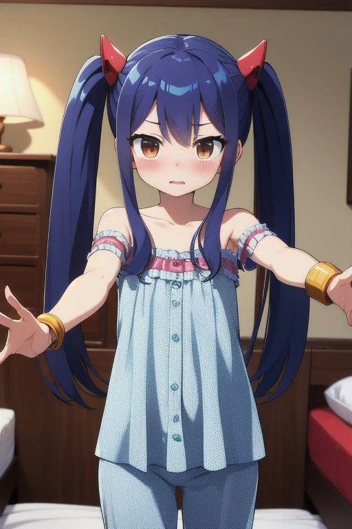 masterpiece, highest quality, High resolution, Arwendy, Long Hair, Twin tails, hair ornaments, Exposing shoulders, pajamas,Bracelet, bracelet, Bedroom, outstretched arms, Cowboy Shot, Embarrassed,