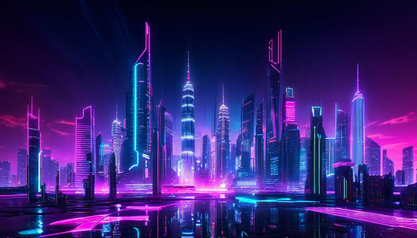 "Futuristic cityscape with neon lights and skyscrapers"
