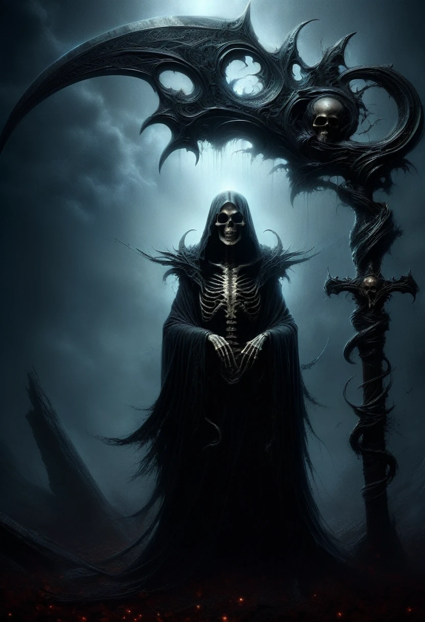 (best quality,4k,8k,highres,masterpiece:1.2),ultra-detailed,(realistic,photorealistic,photo-realistic:1.37),Black Grim Reaper,dark silhouette,cloaked figure,rustling black robes,long scythe,glowing red eyes,ominous presence,hovering darkness,dark ethereal figure,nightmarish specter,sinister aura,harbinger of death,eerie atmosphere,mysterious entity,shadows enveloping,haunting visage,menacing expression,skull-like face,otherworldly being,terrifying figure,reaping souls,glimpse of the afterlife,dreadful embodiment,ominous rituals,desolate cemetery,grim and somber,ominous moonlit night,darkened sky,thick fog,ominous whispers,lurking in shadows,eternal darkness,bone-chilling encounter,death's cold grip,intense and brooding,ominous catalyst,ominous cloak of despair,evil personified,intertwined with shadows,impending doom,abyssal realm,shivering in fear,eternal slumber. DonM5cy7h3XL, scythe