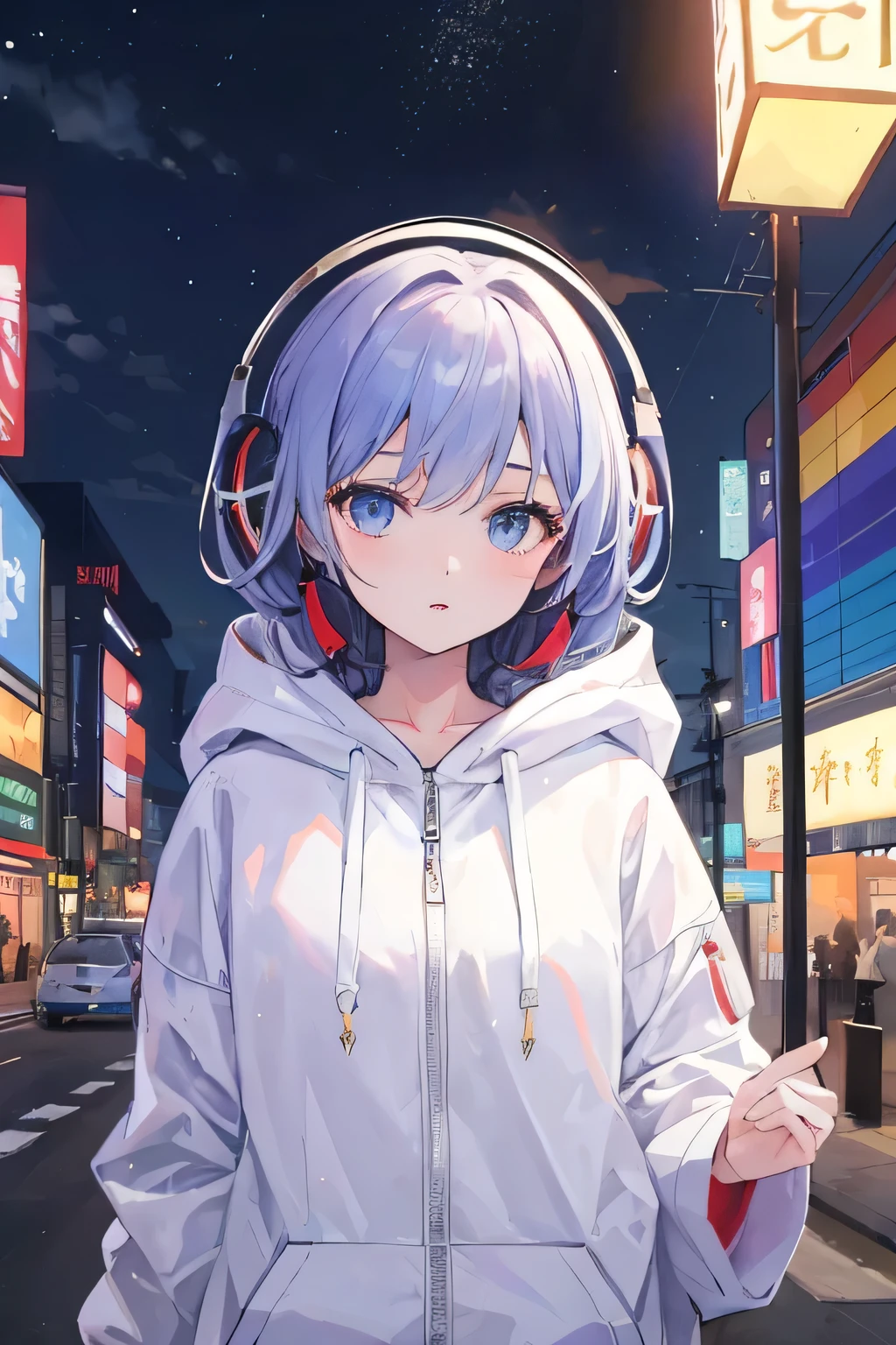 ((highest quality))(highest quality, masterpiece), One girl in a white hoodie with a cat pattern, particle, Wind, flower, Upper Body, Japanese downtown at night, Glasses