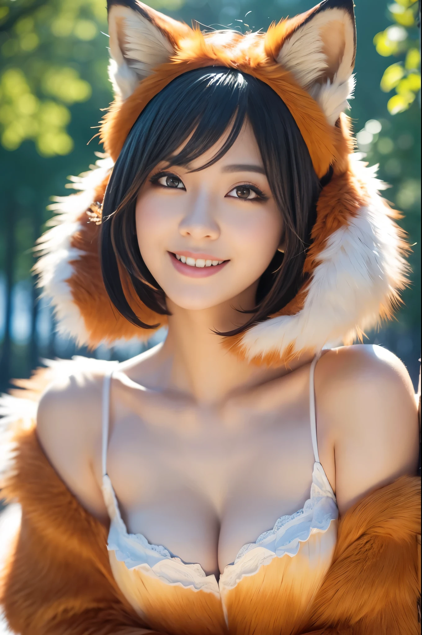 ultra sexy female, only 1 female, very short hair, beautiful smile, lipgloss, long lashes, defined eyebrows, detailed fox cosplay, furry fox outfit, fox accessoires, headpiece, look at the camera, cinematic light, large park background with trees, sweet and sexy pose