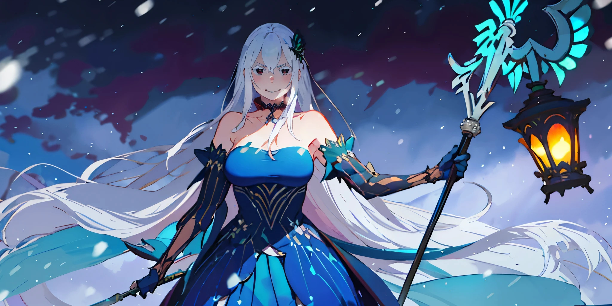 (long hair, silver hair:1.3), purple eyes, hair ornament, pale skin, anatomically correct, heavy breathing, huge breasts, dress, 1girl, staff, solo, snowing, bare_shoulders, breasts, gloves, jewelry, holding_staff, snow, blue_dress, detached_sleeves, snowflakes, holding, strapless_dress, choker, strapless, looking_at_viewer, holding_staff, standing, "Photorealistic, Hyperrealistic, Hyperdetailed, analog style, soft lighting, subsurface scattering, realistic, heavy shadow, masterpiece, best quality, ultra realistic, 8k, golden ratio, Intricate, High Detail, film photography, soft focus", (shaded face:1.2), hollow eyes, red eyes, looking at viewer, (heavy breathing:1.2), smirk, upper teeth, glaring eyes,