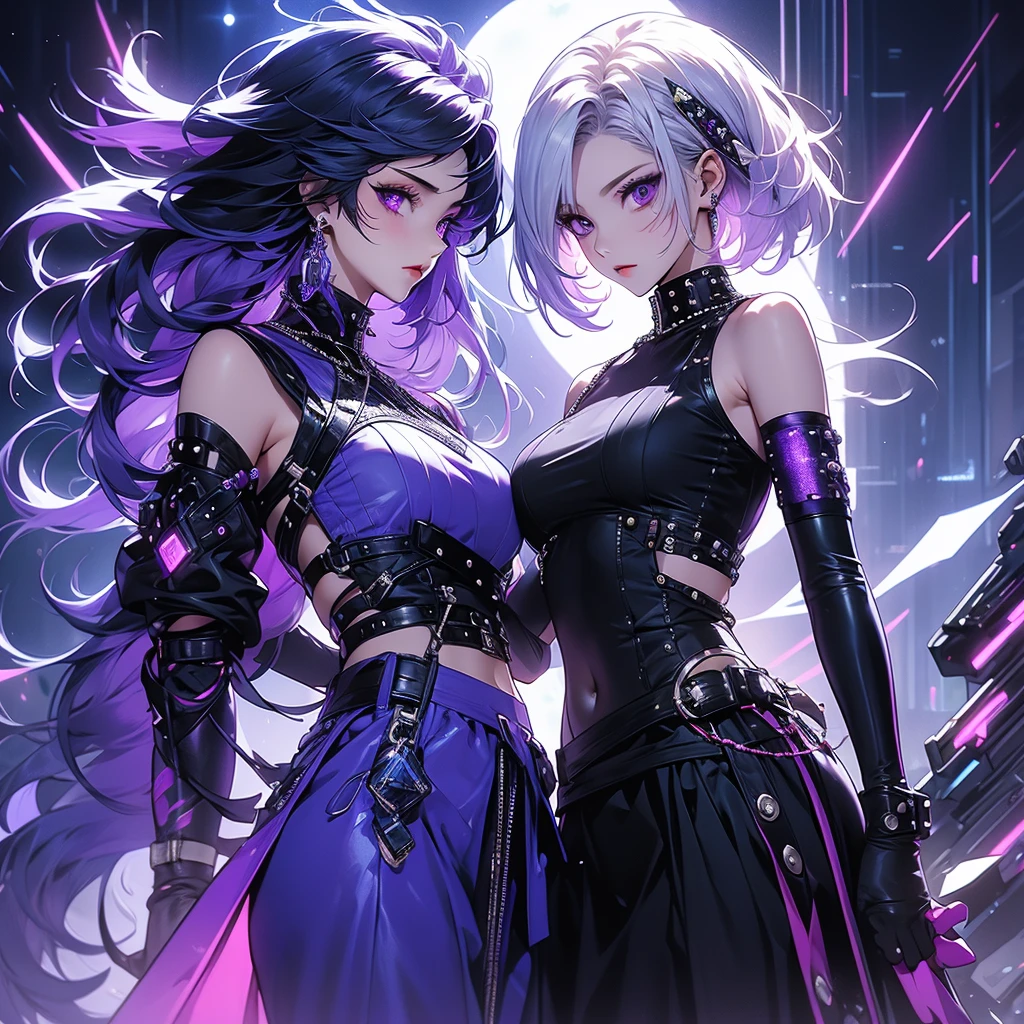 Disorganized、c0upl3、yinji、Women have purple eyes She has milky white hair with purple inner color, very long twin braids, elbow gloves, very bare shoulders, and wears a cyberpunk outfit with a black skirt.、Side cut-outs、Covered navel、Side cut-outen、White hair with blue inner color and short hair、White and blue cyberpunk、下から赤い🔥につつまれているようなオーラ、Studded with purple sapphires、They are riding a futuristic flying motorbike, with the woman's arms around the man's waist from behind.、A large purple moon in the background、