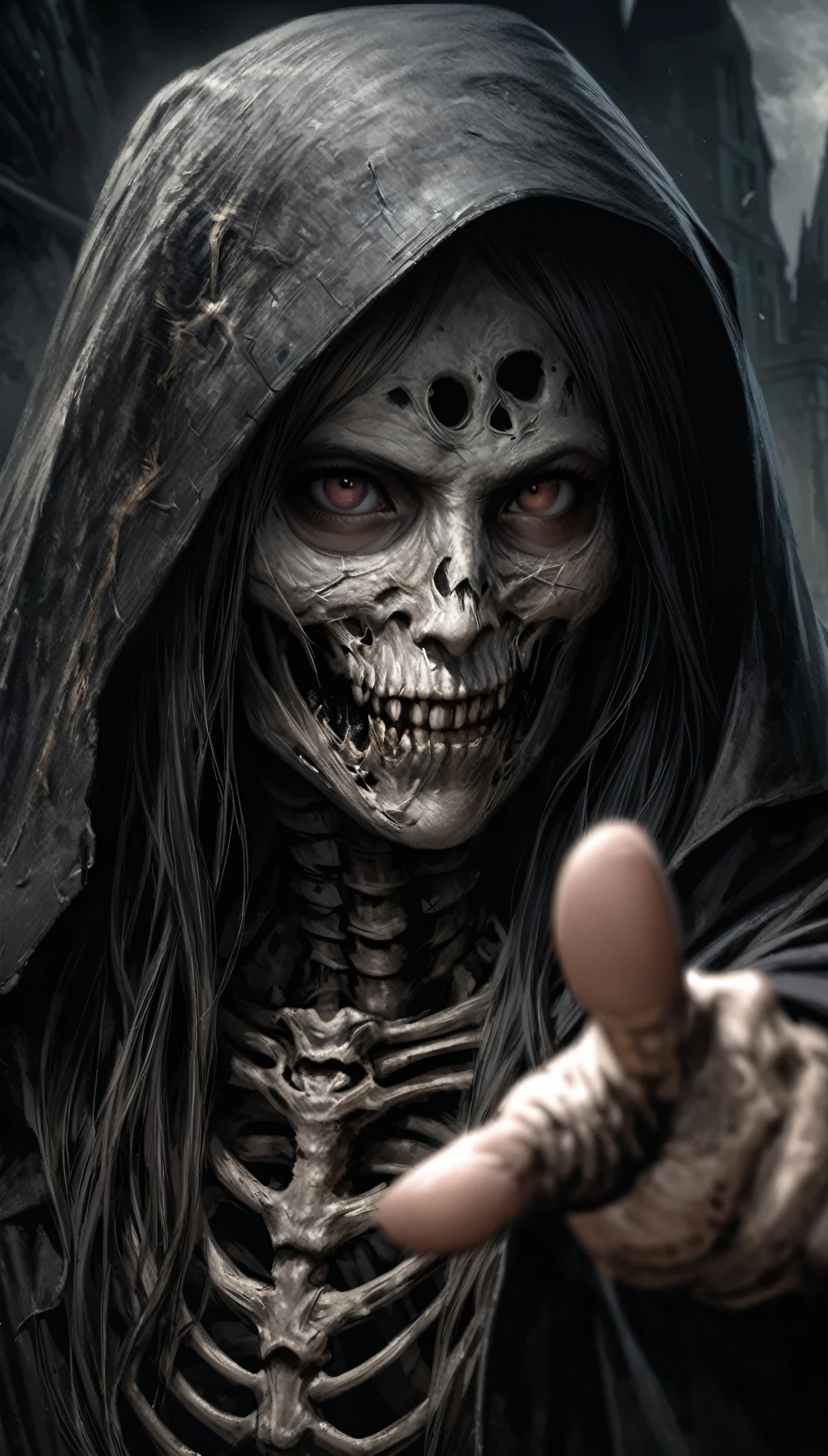 (realistic), (dark fantasy), Horror, dark and doomy, post-apocaliptic world, beautiful but scary womans skeleton as dark and moody black grim reaper, pointing with to viewer, detailed, detailed face of reaper, detailed, digital-painting, 