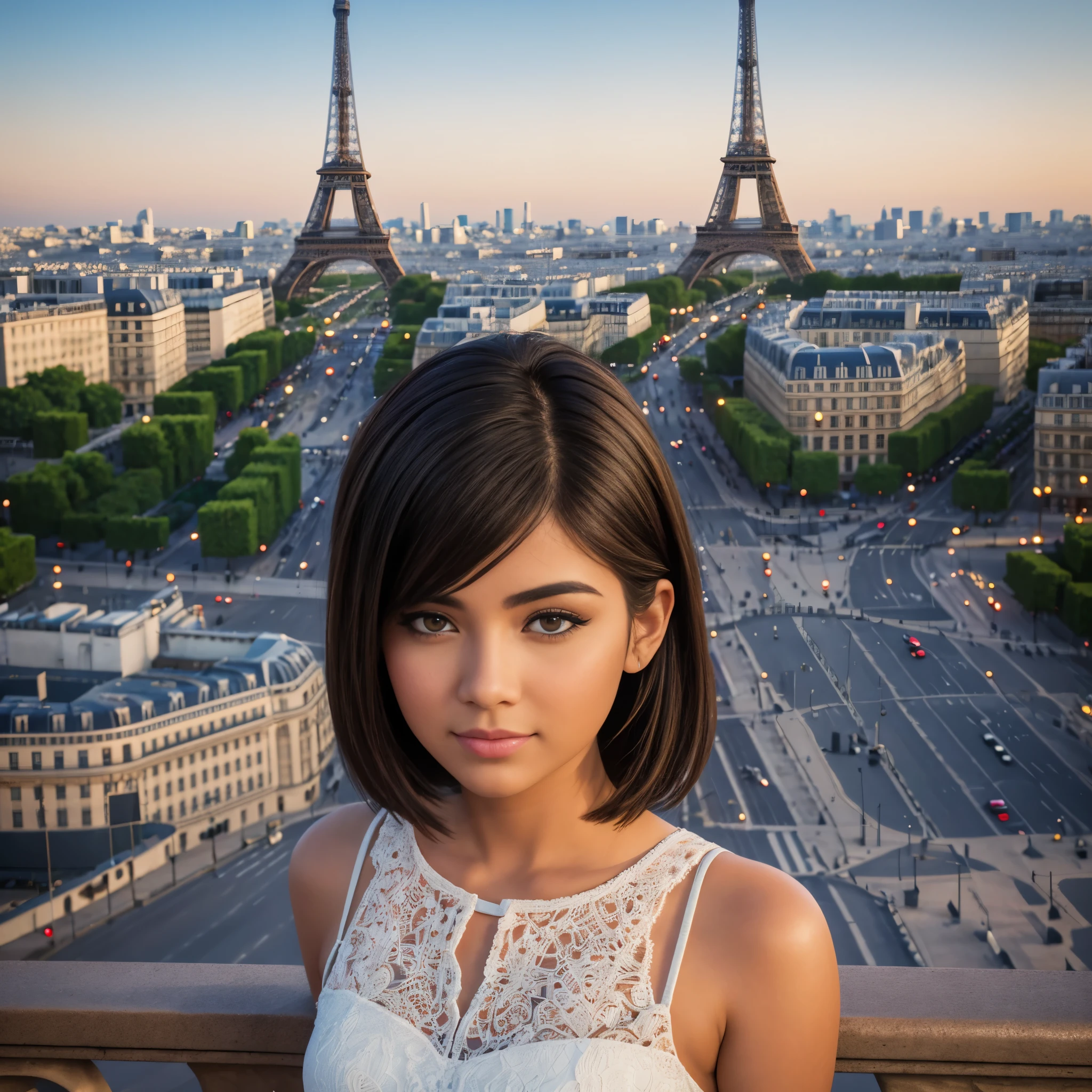 REALISTIC VISION 1.4 BETTER VAE, on the face of a young Latina woman, 25 years old, with short tousled hair, Eiffel Tower, Paris 8K, sharp focus, good exposure, night, ISO 1000, 1/250s, natural light, Adobe Lightroom, photo lab, Affinity Photo, PhotoDirector 365