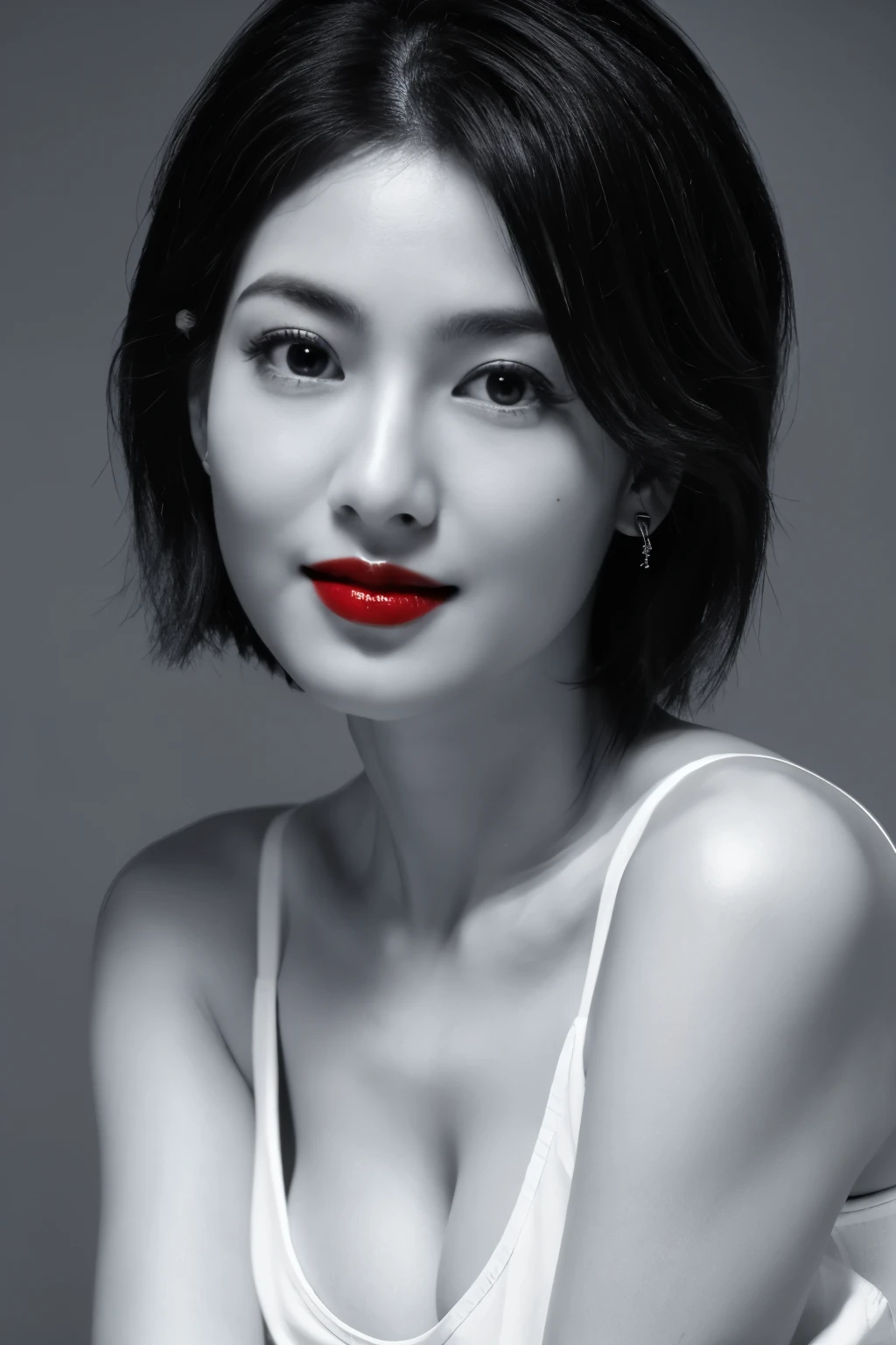 highest quality, Realistic, Very detailed, High resolution, 8k wallpaper, RAW Photos, Professional photography, Realistic, 1 female, ((Black and white photography)), ((Red lips)), ((Looking into the camera)), (From above), Upper Body, short hair, Straight hair, Shapely small breasts, Perfect Face