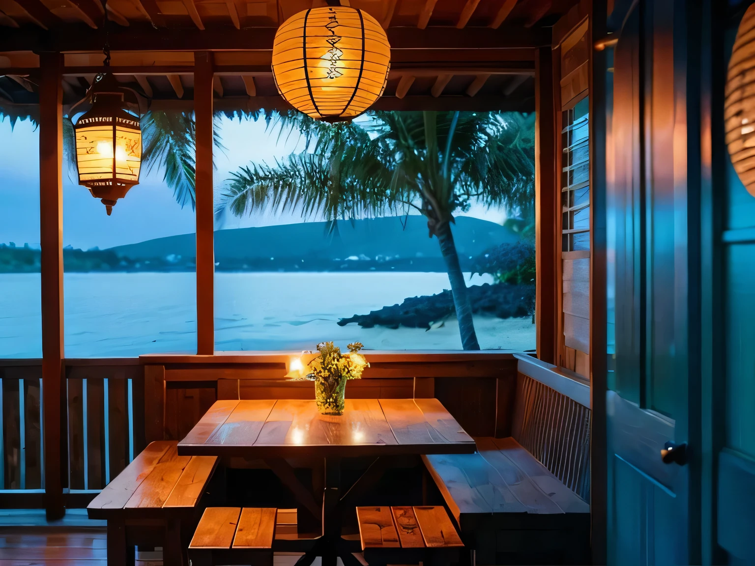 Blue lantern lighting、bench、table、Hawaiian