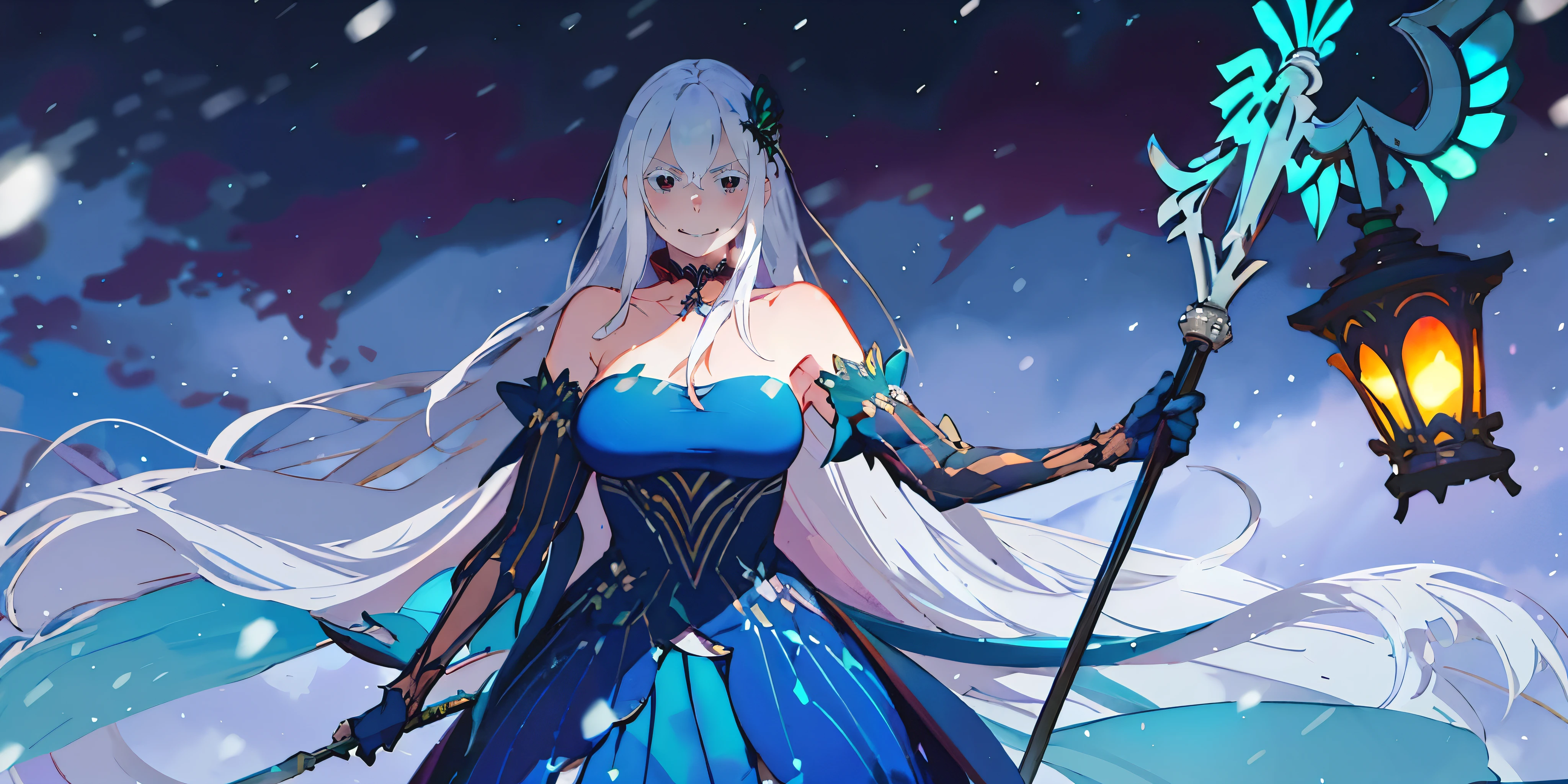 (long hair, silver hair:1.3), purple eyes, hair ornament, pale skin, anatomically correct, heavy breathing, huge breasts, dress, 1girl, staff, solo, snowing, bare_shoulders, breasts, gloves, jewelry, holding_staff, snow, blue_dress, detached_sleeves, snowflakes, holding, strapless_dress, choker, strapless, looking_at_viewer, holding_staff, standing, "Photorealistic, Hyperrealistic, Hyperdetailed, analog style, soft lighting, subsurface scattering, realistic, heavy shadow, masterpiece, best quality, ultra realistic, 8k, golden ratio, Intricate, High Detail, film photography, soft focus", (shaded face:1.2), hollow eyes, red eyes, looking at viewer, (heavy breathing:1.2), smirk, upper teeth, glaring eyes,