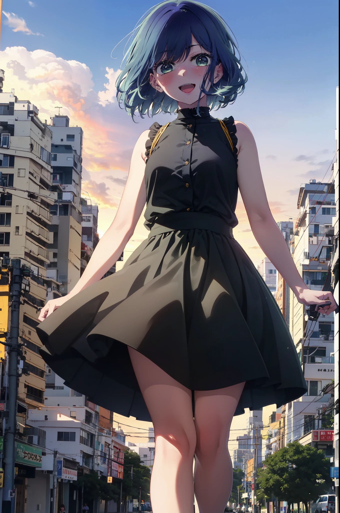 akanekurokawa, akane kurokawa, bangs, (Green Eyes:1.3), Blue Hair, Medium Hair, dark Blue Hair,smile, smile, Open your mouth,Sleeveless black dress,Bare arms,Black long skirt,Cute heeled sandals,Sunset,evening,The sun is setting,My hair is blowing in the wind,whole bodyがイラストに入るように,Looking down from above,
break outdoors, city,海岸通り
break looking at viewer, whole body,
break (masterpiece:1.2), highest quality, High resolution, unity 8k wallpaper, (shape:0.8), (Beautiful details:1.6), Highly detailed face, Perfect lighting, Extremely detailed CG, (Perfect hands, Perfect Anatomy),