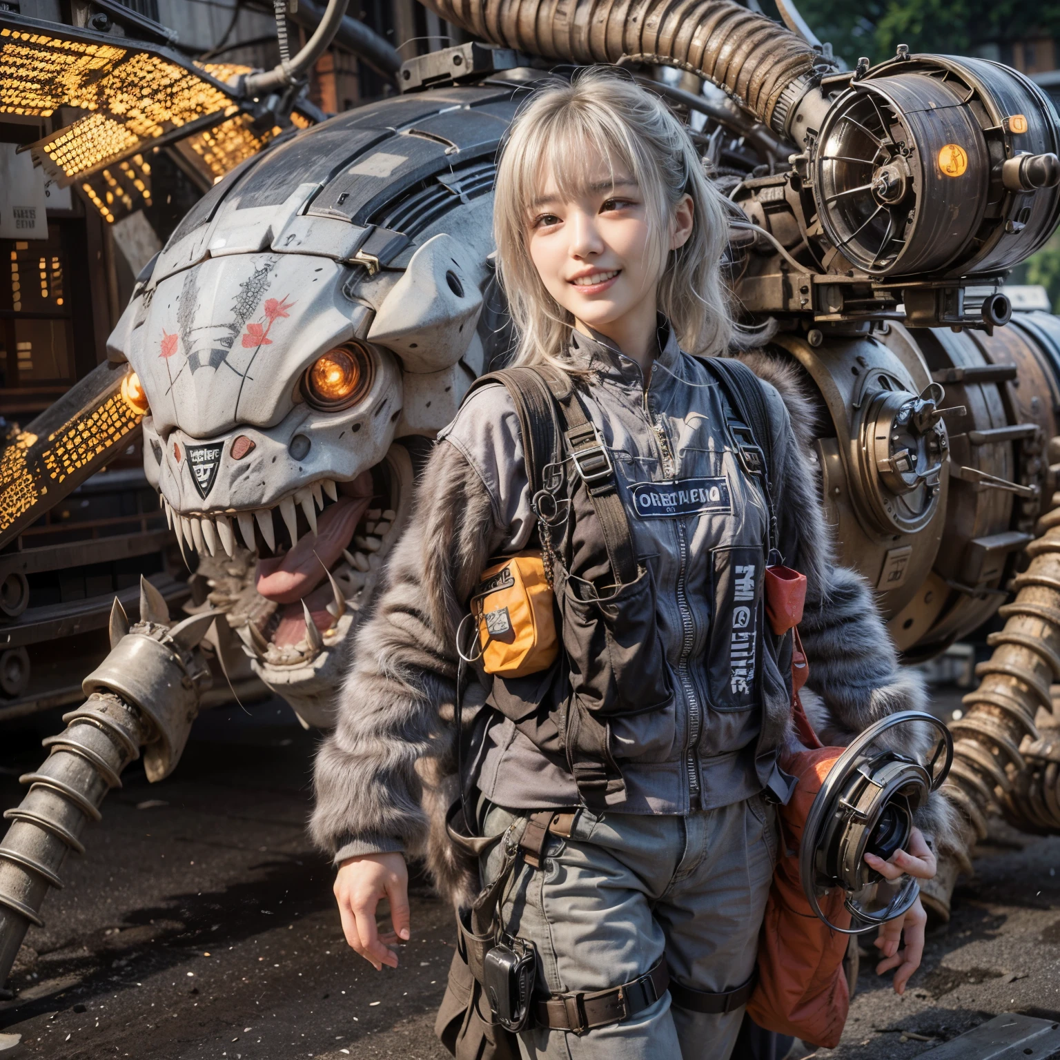 Japanese woman, heavy equipment, Mechanical backpack, very beautiful face, double teeth, fangs, reinforced exoskeleton with insect references, canine teeth, smiling face, silver hair, full body shot, photorealistic, realistic, ultra realistic, ultra detailed, ultimate intricate detail, lighting highlighting machinery, glossy, cave with a suspicious atmosphere