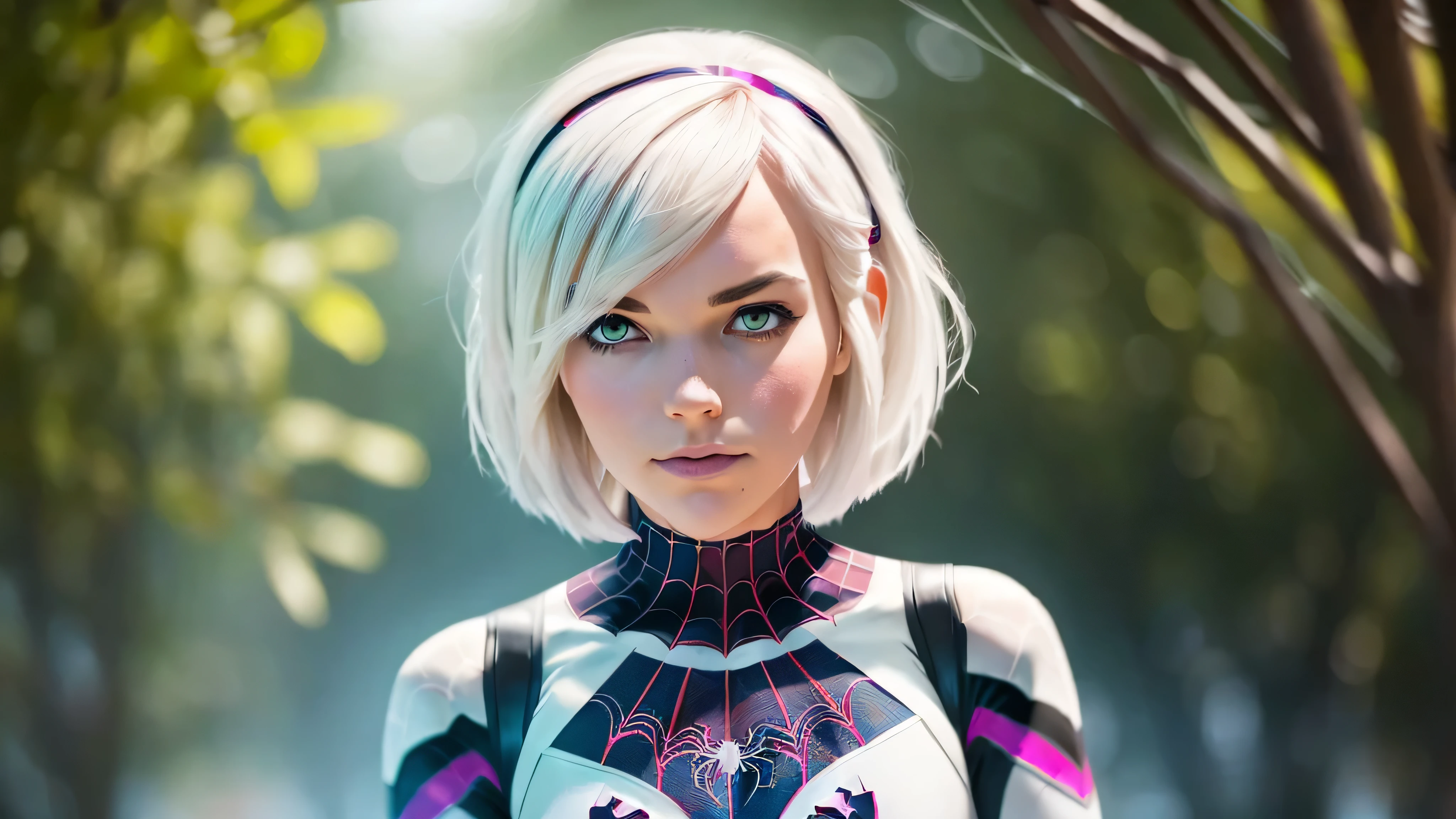 (((1 girl))), ((Spider-Gwen)), ((Spider-Gwen Outfit)), ((Spider-Gwen Haircut)), Textur, filmgrain, Hautporen, dusty atmospheric haze, Vignettierung, Falten, komplizierte Details:0.2 Intricate dramatic cinematic movie stills of a beautiful, eleganten, Augenkontakt, (herablassendes, selbstbewusstes Grinsen)1.2, (niedriger Winkel)1.2, Bokeh im Vordergrund, hasselblad RAW dramatisches Foto, (green eyes)