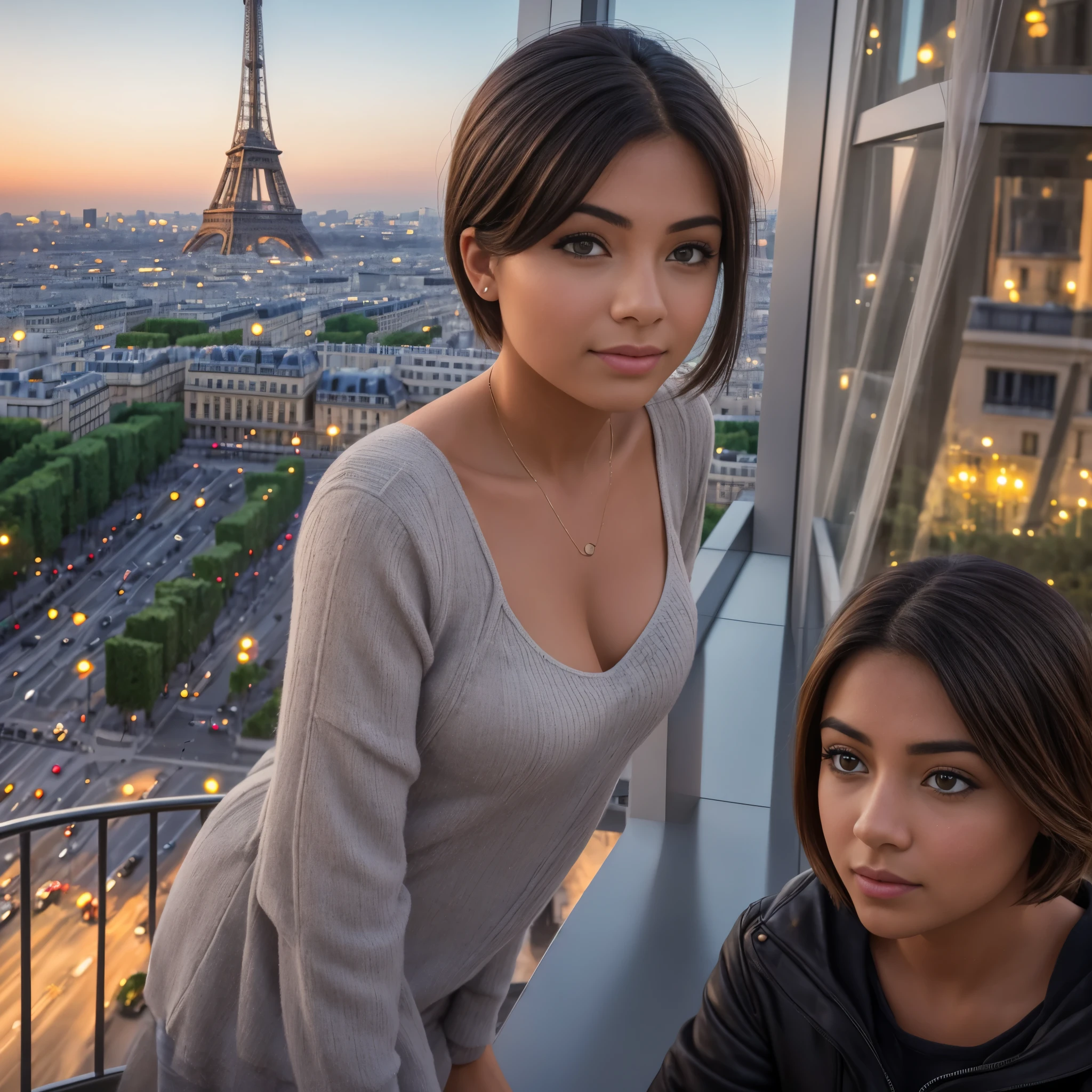 REALISTIC VISION 1.4 BETTER VAE, on the face of a young Latina woman, 25 years old, with short tousled hair, Eiffel Tower, Paris 8K, sharp focus, good exposure, night, ISO 1000, 1/250s, natural light, Adobe Lightroom, photo lab, Affinity Photo, PhotoDirector 365