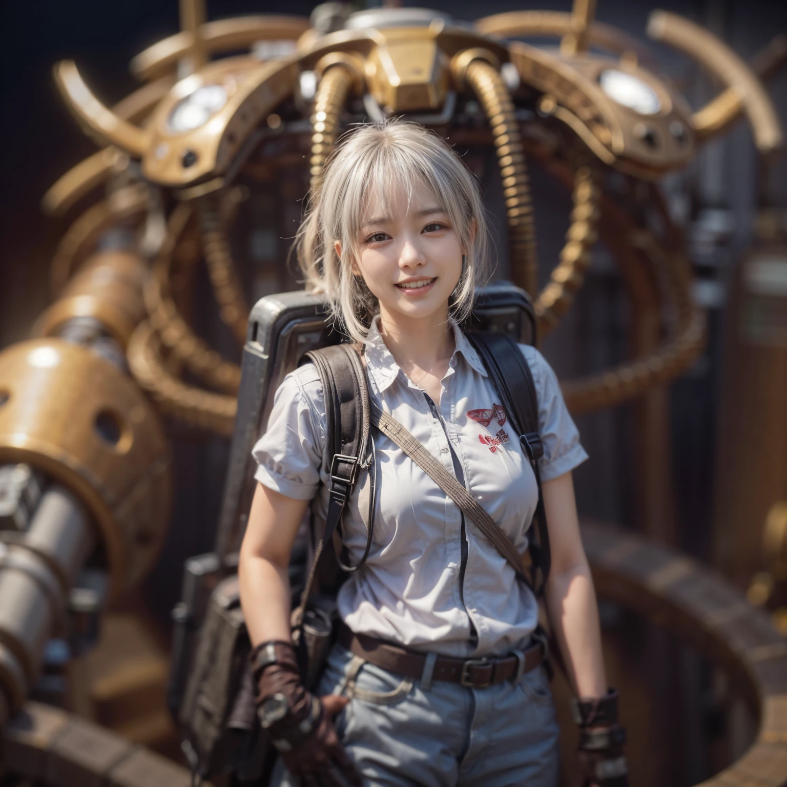 Japanese woman, heavy equipment, Mechanical backpack, very beautiful face, double teeth, fangs, reinforced exoskeleton with insect references, canine teeth, smiling face, silver hair, full body shot, photorealistic, realistic, ultra realistic, ultra detailed, ultimate intricate detail, lighting highlighting machinery, glossy, cave with a suspicious atmosphere
