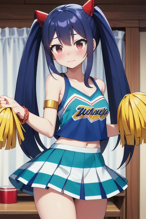 masterpiece, highest quality, High resolution, Arwendy, Long Hair, Twin tails, hair ornaments, Exposing shoulders, 
cheerleader,Bracelet, bracelet, at home,thumbs up, Cowboy Shot, Embarrassed,
