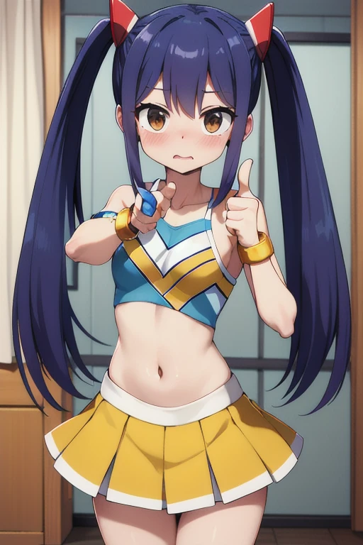 masterpiece, highest quality, High resolution, Arwendy, Long Hair, Twin tails, hair ornaments, Exposing shoulders, 
cheerleader,Bracelet, bracelet, at home,thumbs up, Cowboy Shot, Embarrassed,
