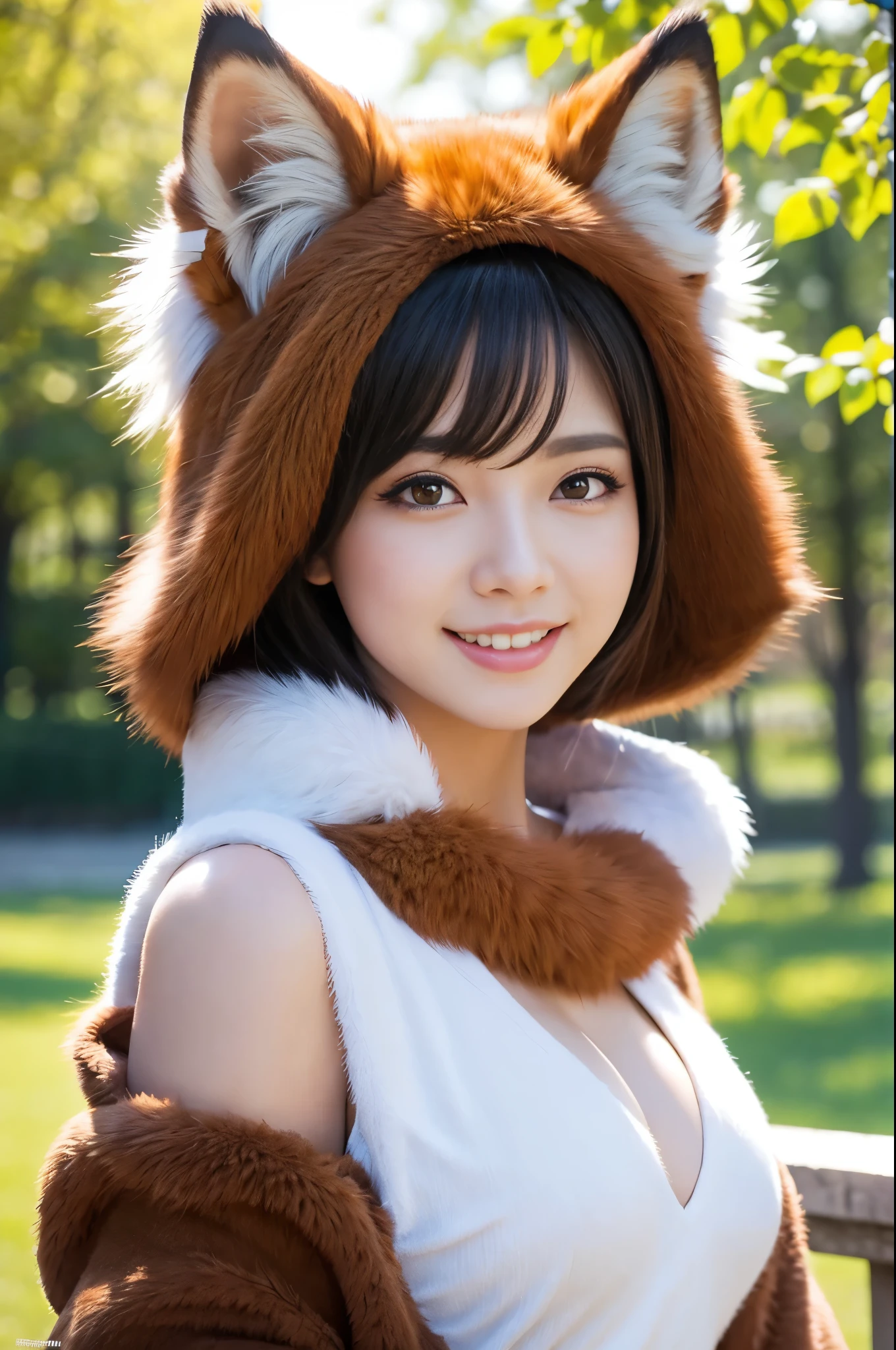 ultra sexy female, only 1 female, very short hair, beautiful smile, lipgloss, long lashes, defined eyebrows, detailed fox cosplay, furry fox outfit, fox accessoires, headpiece, look at the camera, cinematic light, large park background with trees, sweet and sexy pose