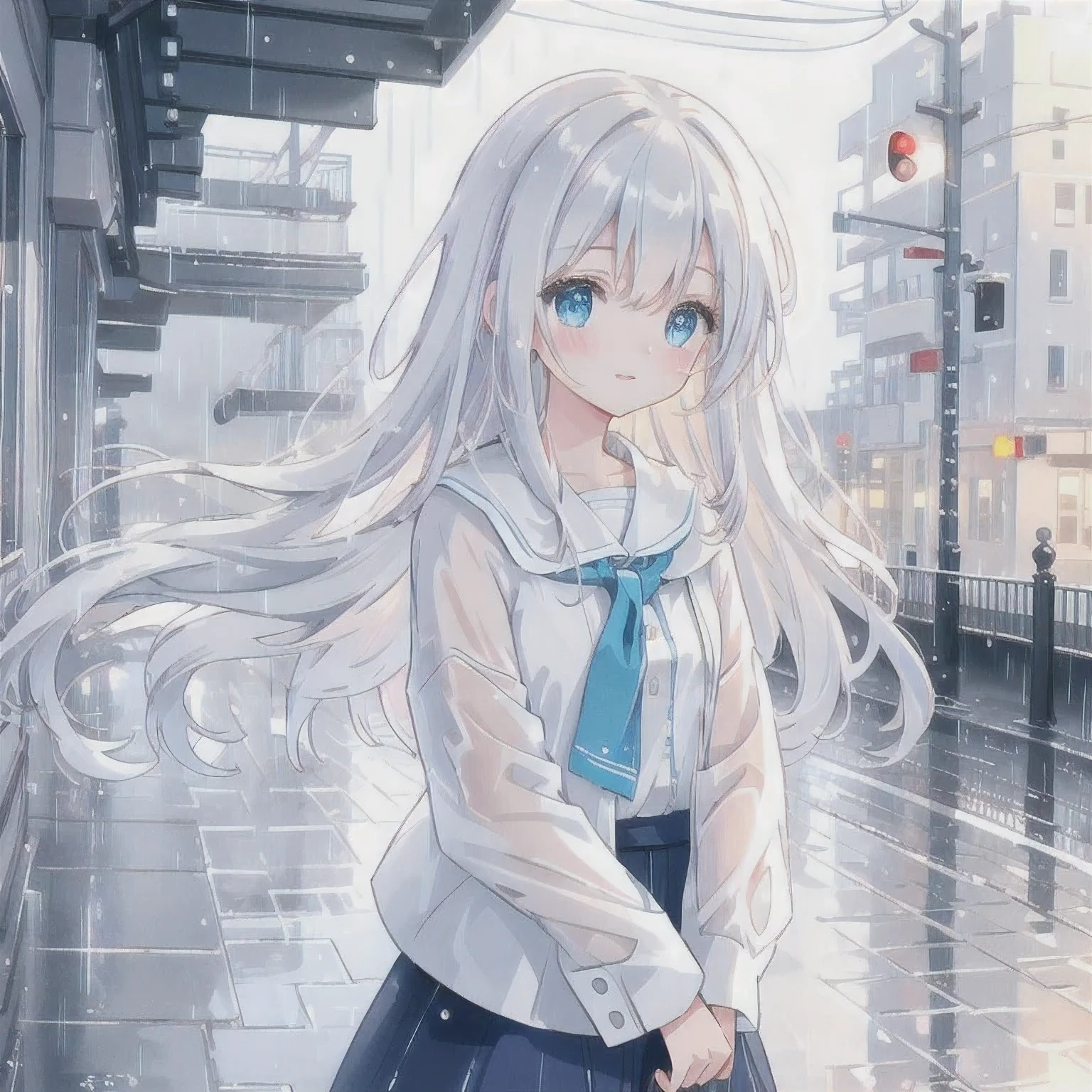 (Best quality, 4k, 8k, high resolution, masterpiece: 1.2), extremely detailed, (actual, photo actual, photo actual: 1.37), girl on rainy days, white long hair, beautiful and delicate blue eyes, beautiful and delicate lips, long eyelashes, wind blown hair, gentle smile,white cat ears, slippery street, sparkling road surface, city lights reflected in rain, moisture in the air, wet clothes, subtle soaking effect, sparkling puddles, playful water splashes, semi transparent raindrops, studio lighting, enhancing color brightness, soft tones, subtle immersion Color gradient, cloudy and rainy weather, dew texture, rainy atmosphere, warm light from nearby shops, lively composition, depth of field, and scattered effect, watercolor, Trishuna, author: agnes cecile, half body portrait, extremely bright design, soft colors, (ink: 1.3)