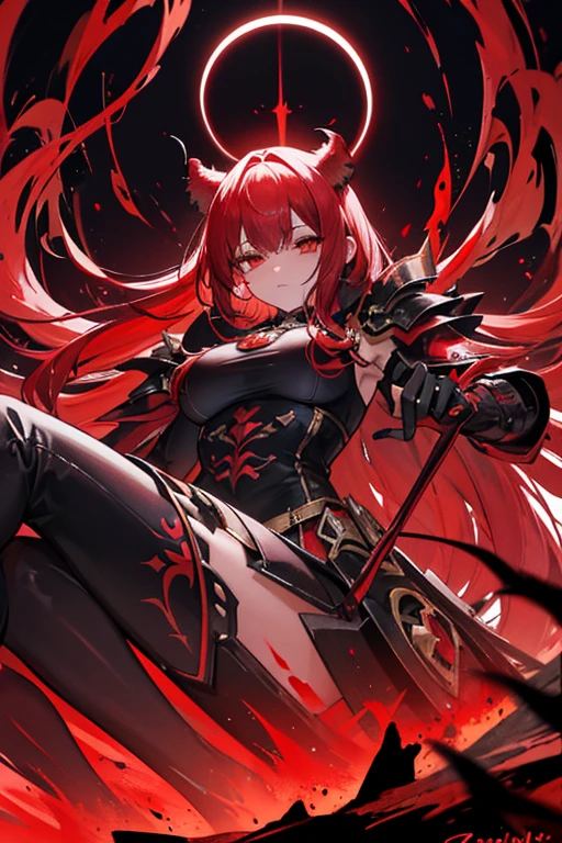 from below, character size 0.7, high quality, red hair, Dark aura, fluttering hair, giant horns, Serves a monster that looks like a wolf, Red tears flow from my eyes, moe anthropomorphism of the demon Asmodeus, A bloody battlefield with a full moon, sitting on a corpse, girl devil with bangs, twintales, He is wearing the iron armor of a demon corps commander.,Blood swirls in the background. a solemn expression, Resting your chin on one hand, In one hand, he holds a staff encrusted with dark red jewels., Exhales black smoke from its mouth.