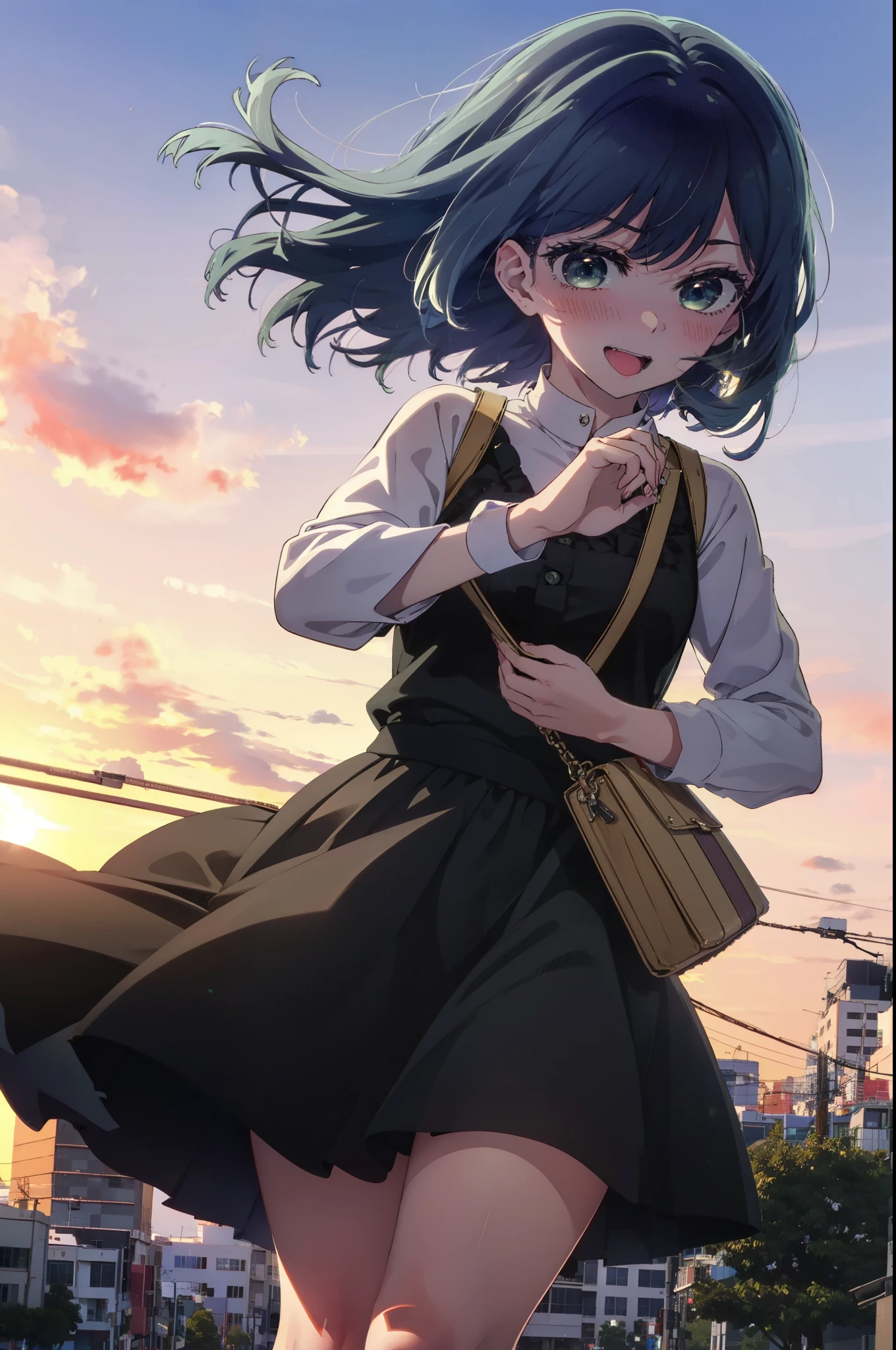 akanekurokawa, akane kurokawa, bangs, (Green Eyes:1.3), Blue Hair, Medium Hair, dark Blue Hair,smile, smile, Open your mouth,Sleeveless black dress,Bare arms,Black long skirt,Cute heeled sandals,Sunset,evening,The sun is setting,My hair is blowing in the wind,whole bodyがイラストに入るように,Looking down from above,
break outdoors, city,海岸通り
break looking at viewer, whole body,
break (masterpiece:1.2), highest quality, High resolution, unity 8k wallpaper, (shape:0.8), (Beautiful details:1.6), Highly detailed face, Perfect lighting, Extremely detailed CG, (Perfect hands, Perfect Anatomy),
