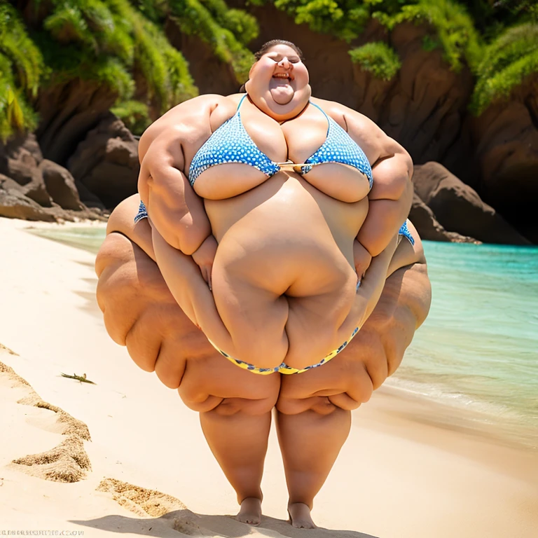 full body picture, 21-years-old, super sized muscular very tall big beautiful woman model blob, feedee, extremely huge enormous fat boobs, proud, laughing, bursting out of her way too tight bikini, Stomach and are spilling out of the bikini, focus , on a beach